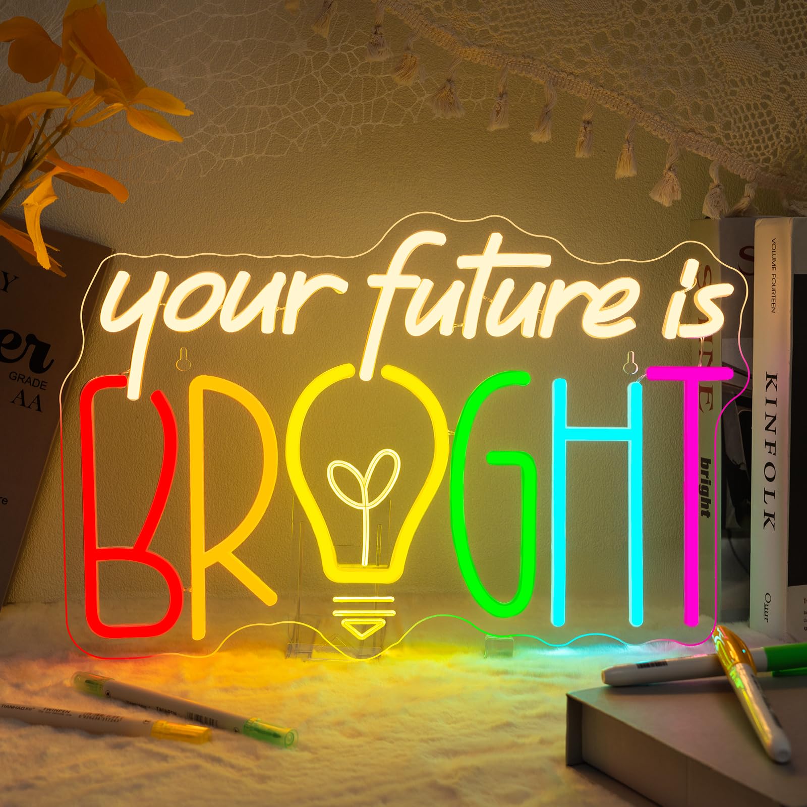 Horseneon Your Future Is Bright - Insegna al neon motivazionale per studenti, decorazione da parete a LED per scuole, regali per insegnanti e aree di studio, alimentata tramite USB con luminosità