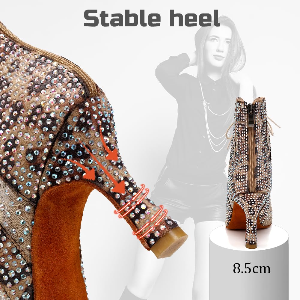 Kozaki z siateczki ze strasu dla kobiet, buty do tańca latynoskiego, buty na wysokim obcasie