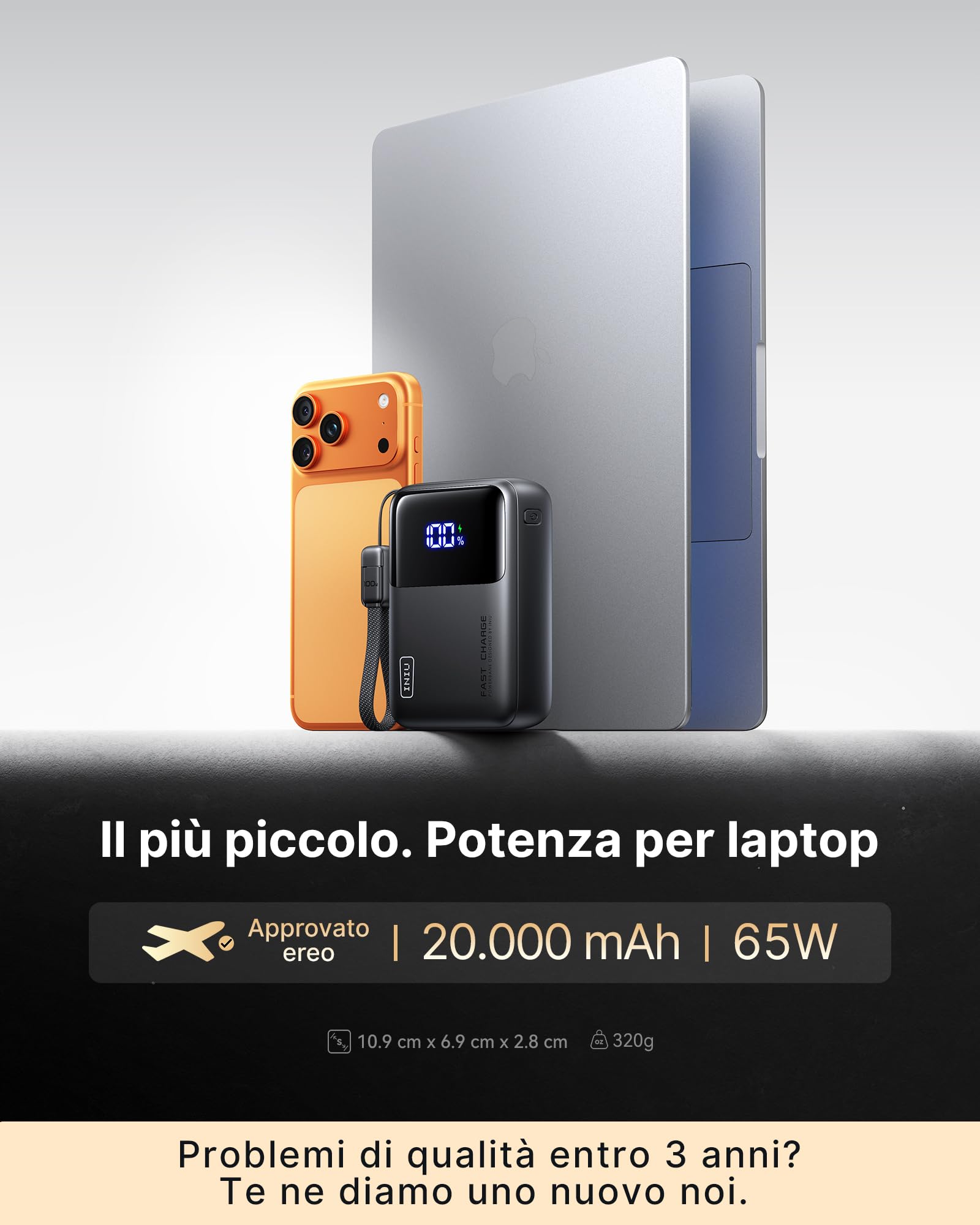 INIU 65W Laptop Power Bank, Piccolo 20000mAh Alta Capacità USB-C Powerbank | 65W USB-C Ricarica Rapida Caricatore Portatile per MacBook Pro, Steam Deck, iPhone 17 16 15 Pro, Samsung S22, iPad Pro ecc