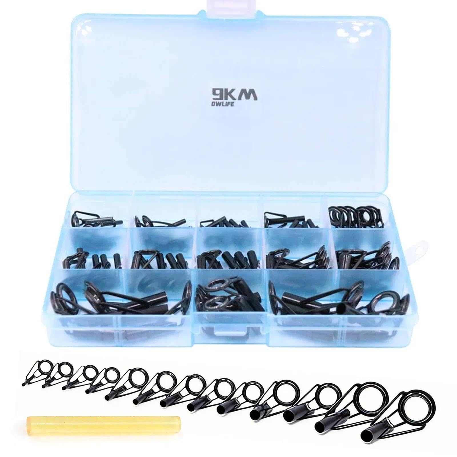 9KM DWLIFE Kit di riparazione per canna da pesca, in acciaio inox nero, con guida ad anello in ceramica, dimensioni miste, 65 pezzi in una scatola