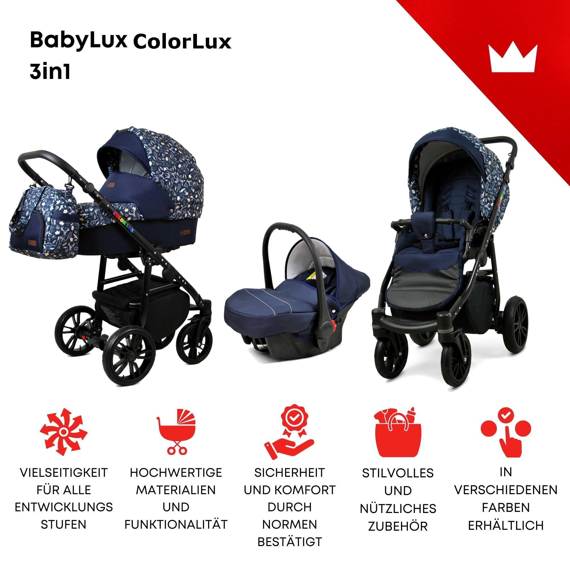 BabyLux® Carrito de Bebé Sistema de Viaje Set 3 en 1 - Color Lux - incl. Capazo, Silla de Paseo, Silla Coche - Cochecito - con Bolso cambiador, Cubierta para la lluvia, Mosquitera etc.