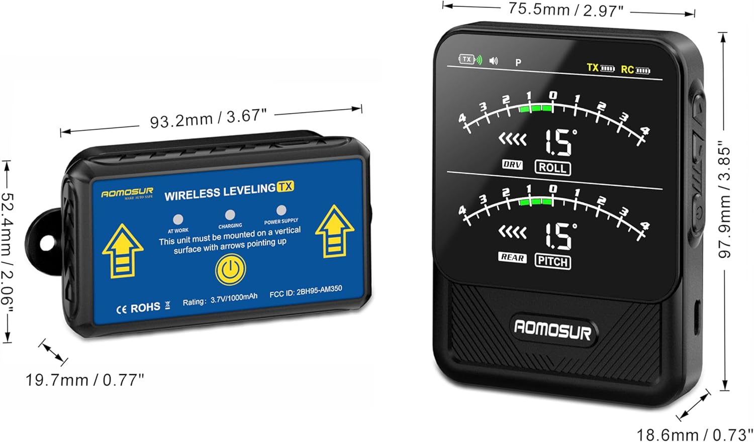 Dimensions of the transmitter and display units