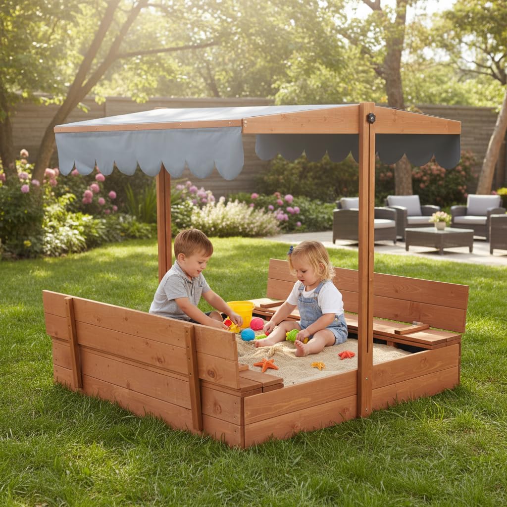 YOLENY Sandbox with Lid,Kids Sandbox with Cover Outdoor,Wooden Sand Box with 2 Foldable Bench Seats,Adjustable UV-Resistant Roof & Bottom Liner,Sand Box for Kids Ages 2-8, Perfect for Backyard,Beach