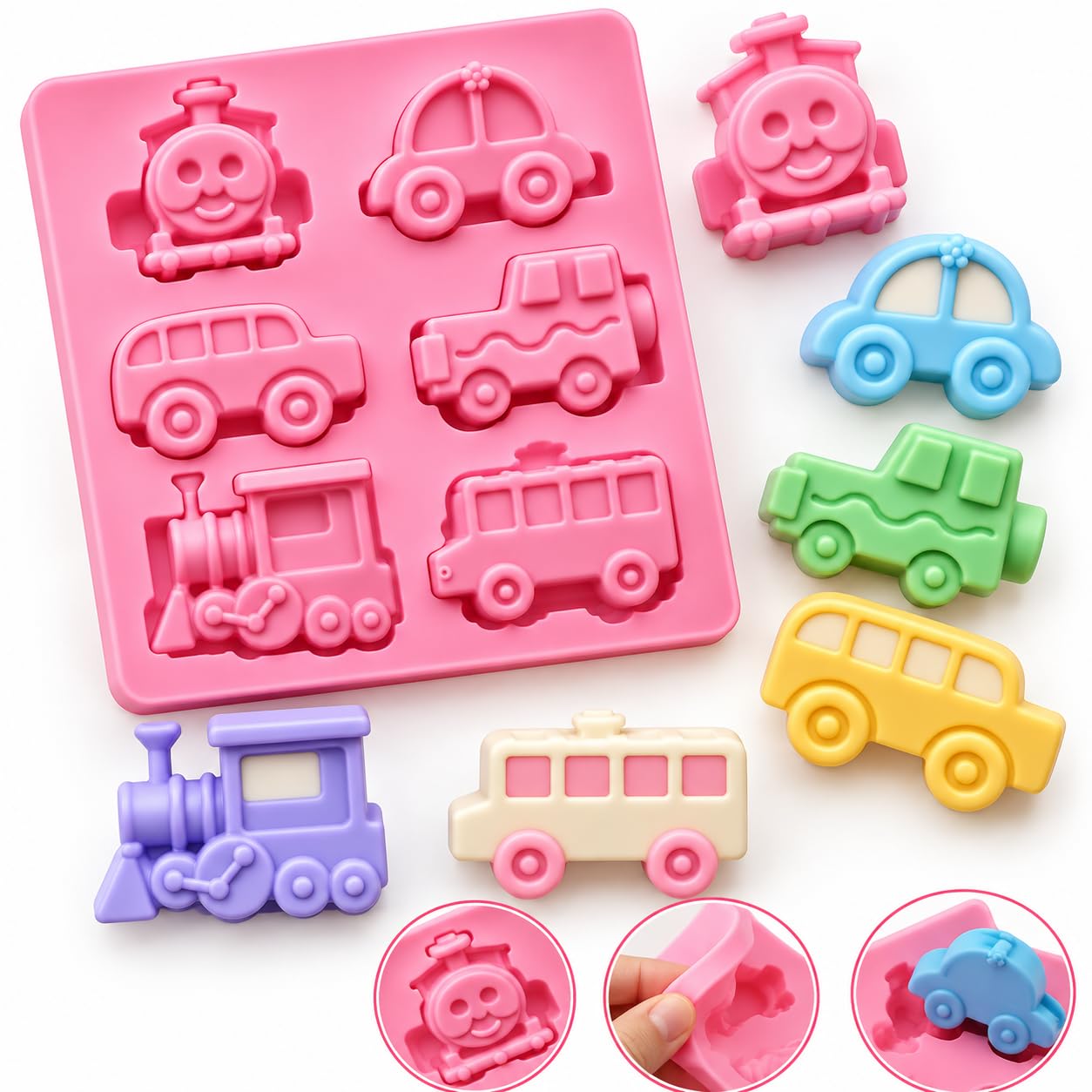 dotscot 6-cavity vehicle silicone toy soap mould for chocolate, candy, cake, soap & wax car, bus & train shaped reusable mould for diy baking & craft decoration candle