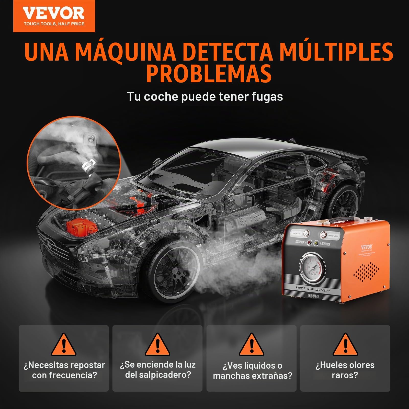 VEVOR Detector de Fugas de Humo para Automóviles, con Bomba de Aire y Manómetro Integrados, Modo Dual para Pruebas de Sistemas de Tuberías, Combustible y Vacío, 255 x 176 x 197 mm, 8 L/min, 19-23 PSI
