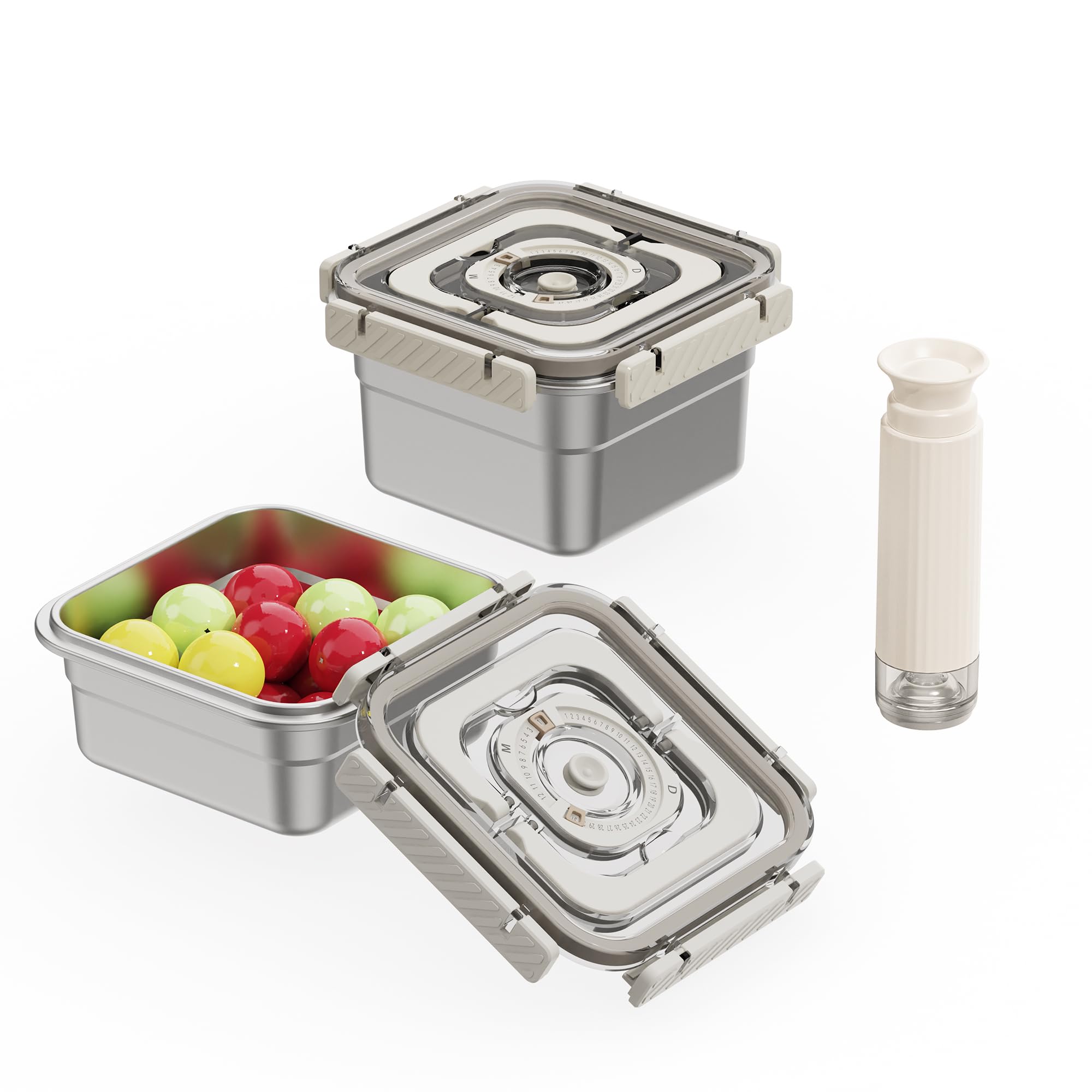 Sistema Sottovuoto Acciaio Inox con Pompa Manuale - Set da 2 Contenitori in Acciaio Inox (1250ml+1850ml) - Ermetici per Dispensa, Congelatore e Portavivande - BPA Free, Impilabili