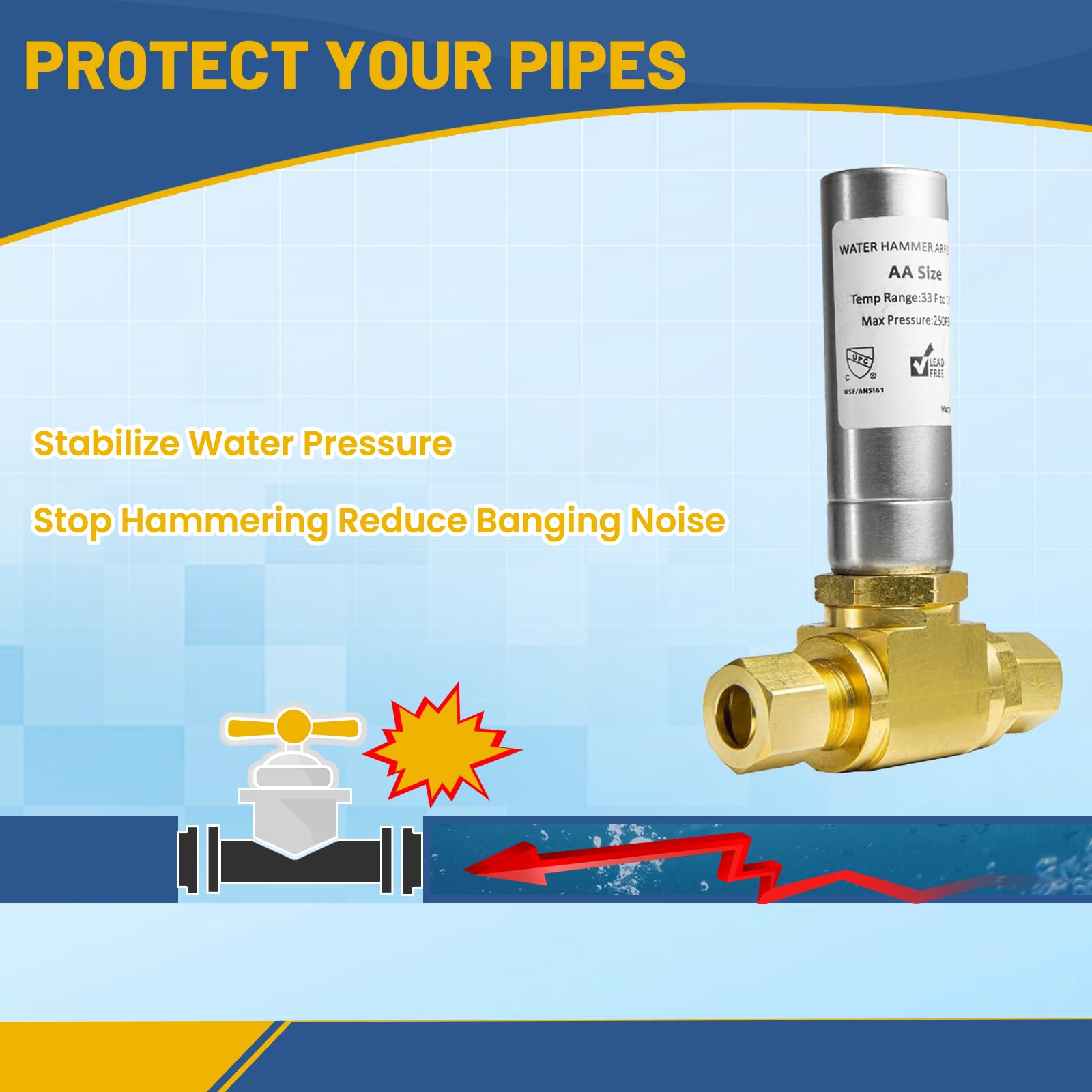 Blulu 1/2 Inch Water Hammer Arrestor - Push To Connect Brass Fitting For PEX, Copper Pipes