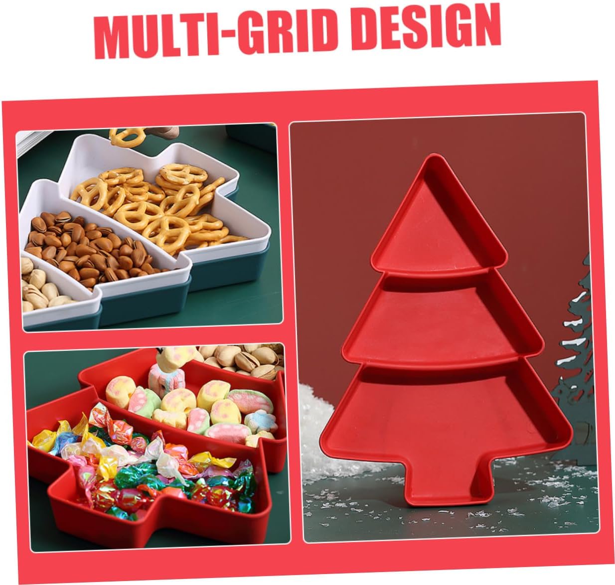 KALLORY Christmas Tree Snack Display Tray Set 2pcs, Multi-compartment Holiday Nut and Candy Dish Plates in Green and Red for Party and Dessert Serving