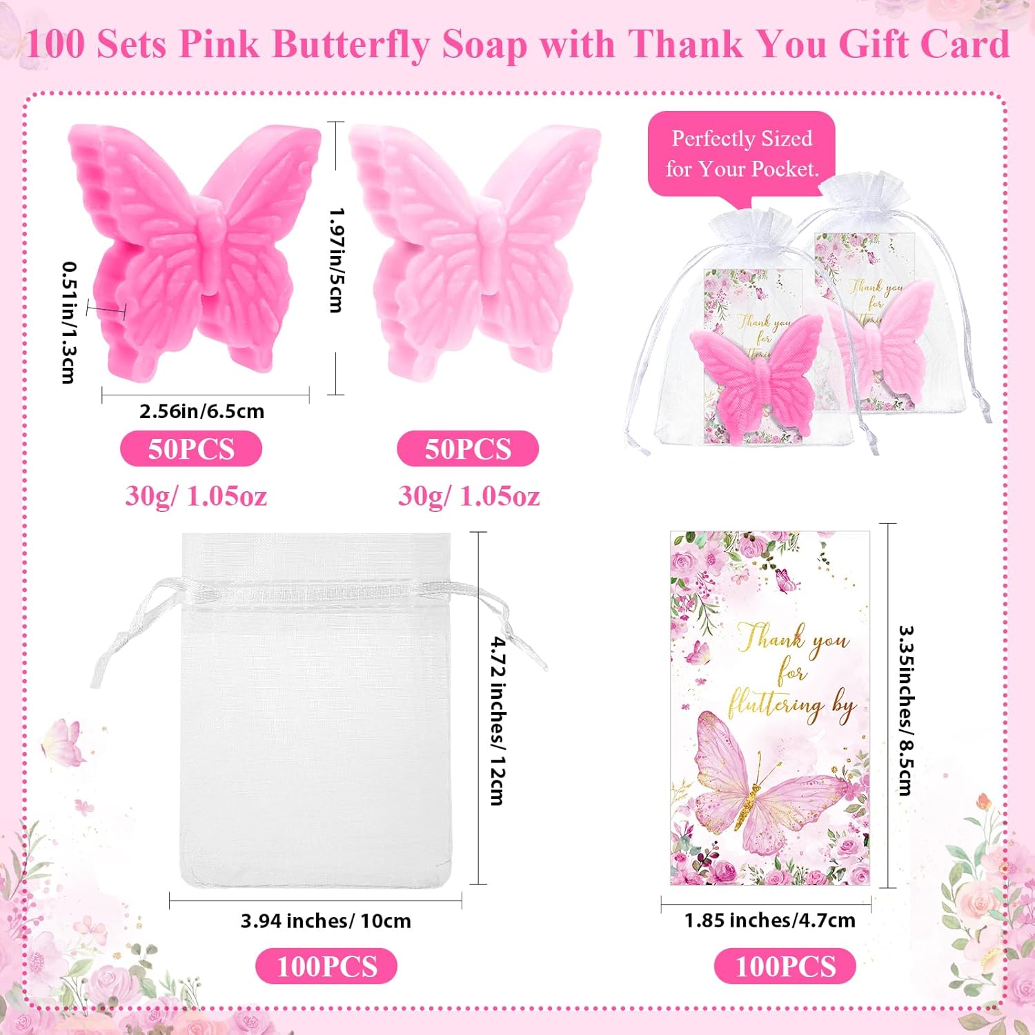 Dunzy 100 Sets Butterfly Theme Baby Shower Favors for Guests Butterfly Soap with Thanks You Cards Gender Reveal Baptism Party Decorations Wedding Souvenirs Womens History Month (Pink,Light Pink)