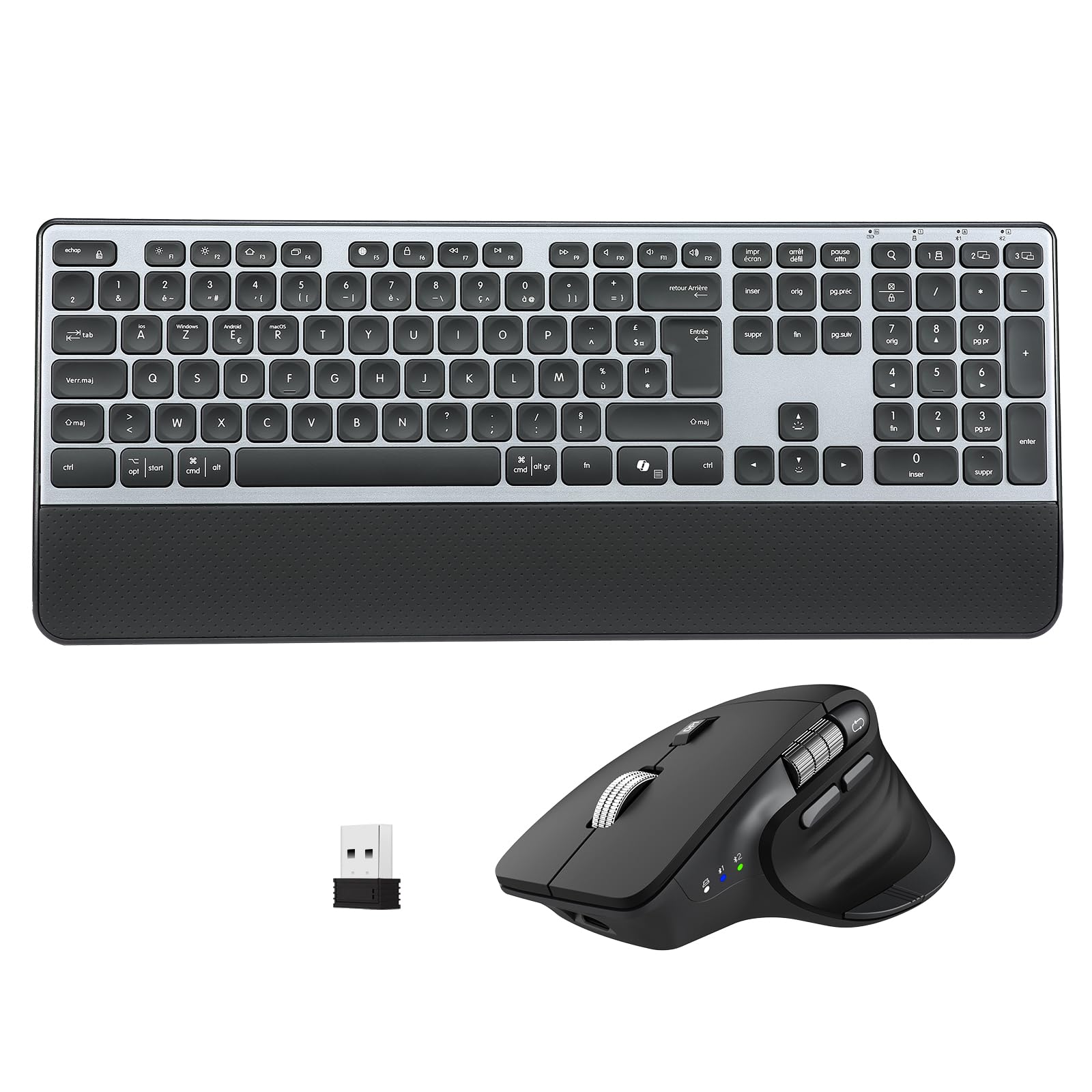 CITLLA Clavier Souris sans Fil Rétroéclairé Rechargeable Ergonomique, Réglable Support et Repose-Poignets,4 Niveaux DPI Hyper-Rapide Défilement Souris silencieuse pour Ordinateur Bureau PC Laptop