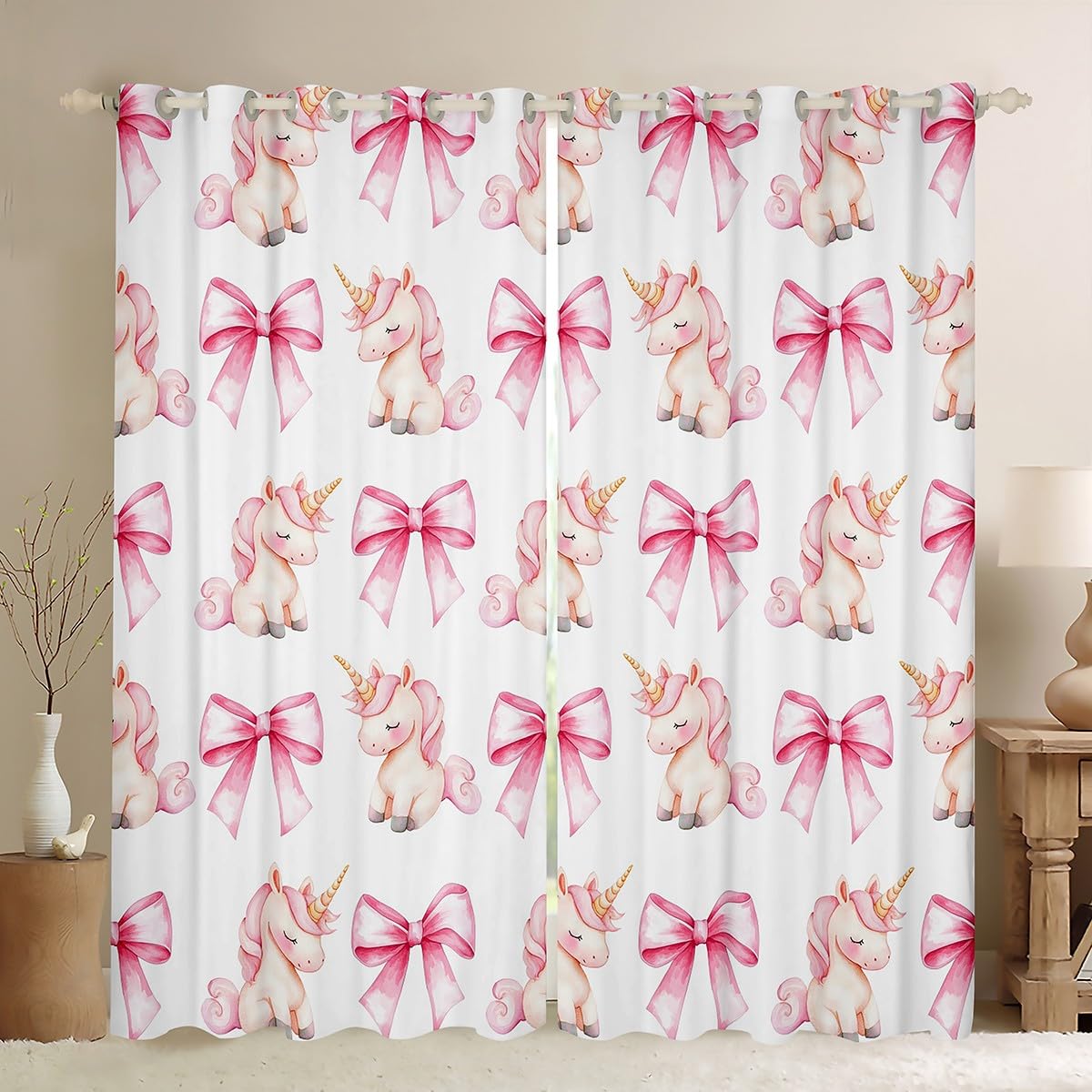 Cartoon Unicron Kids Blackout Curtains,Pink Bowknot Bow Tie Princess Tale Window Drapes for Girls Women,Cute Unicorn Bow Toddler Lovely Chic Window Treatments Grommet Top 2 Panel Set,46Wx54L inch — image 1