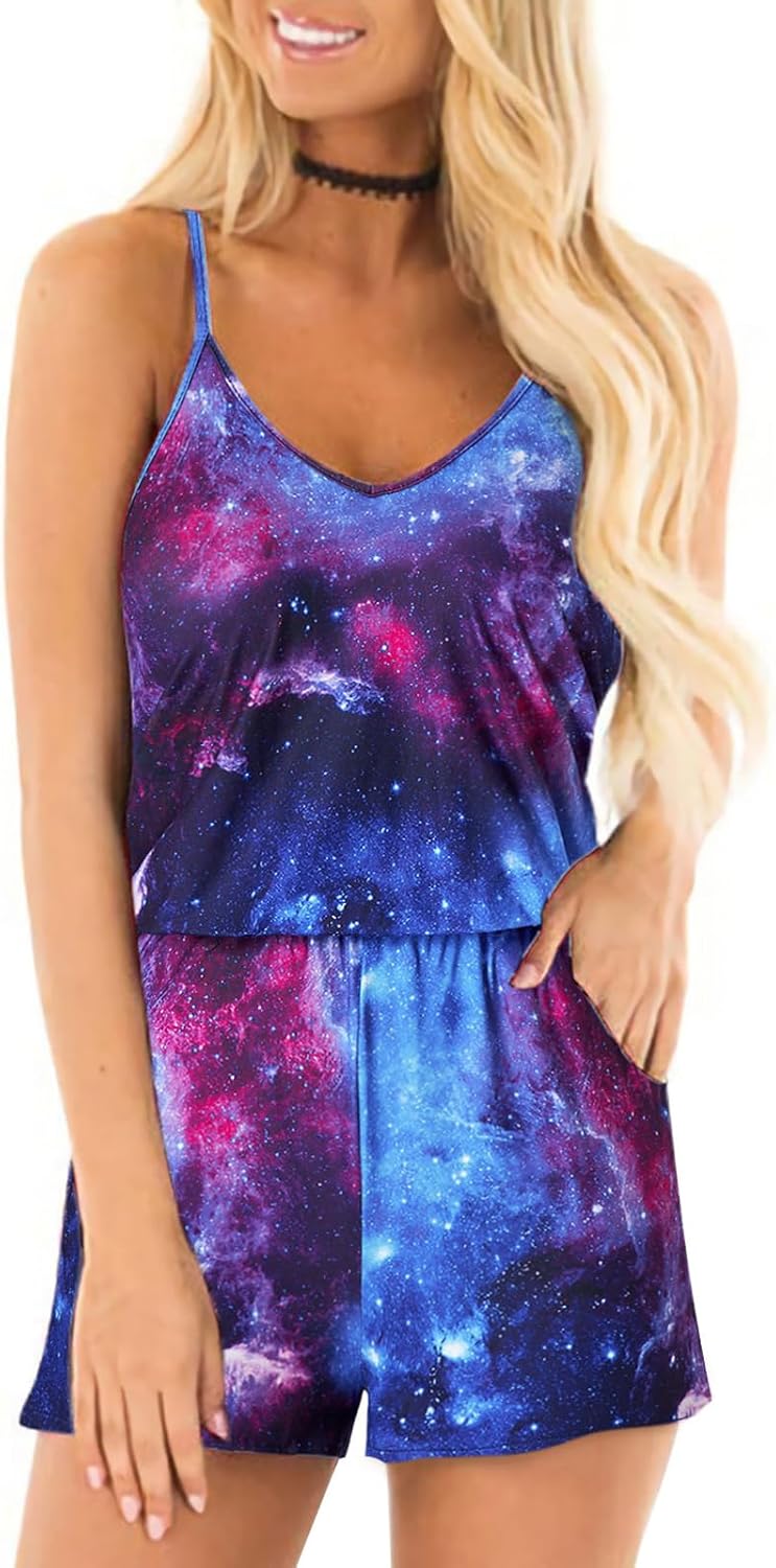 RAISEVERN Womens Romper Summer Casual Short Jumpsuit Adjustable Spaghetti Straps Sleeveless Cami 2025 Rompers with Pockets