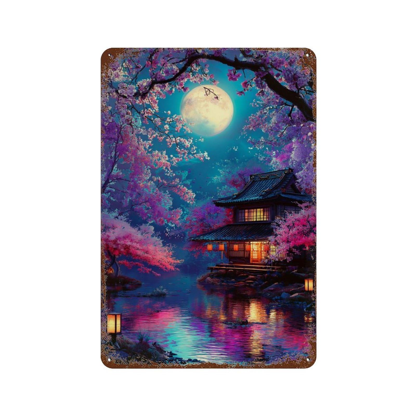 Cherry Blossom Moonlit Zen Retreat Rust Effect Tin Sign 11.8"x7.9", Industrial Home Decor for Basement, Hobby Room And Garage Decor