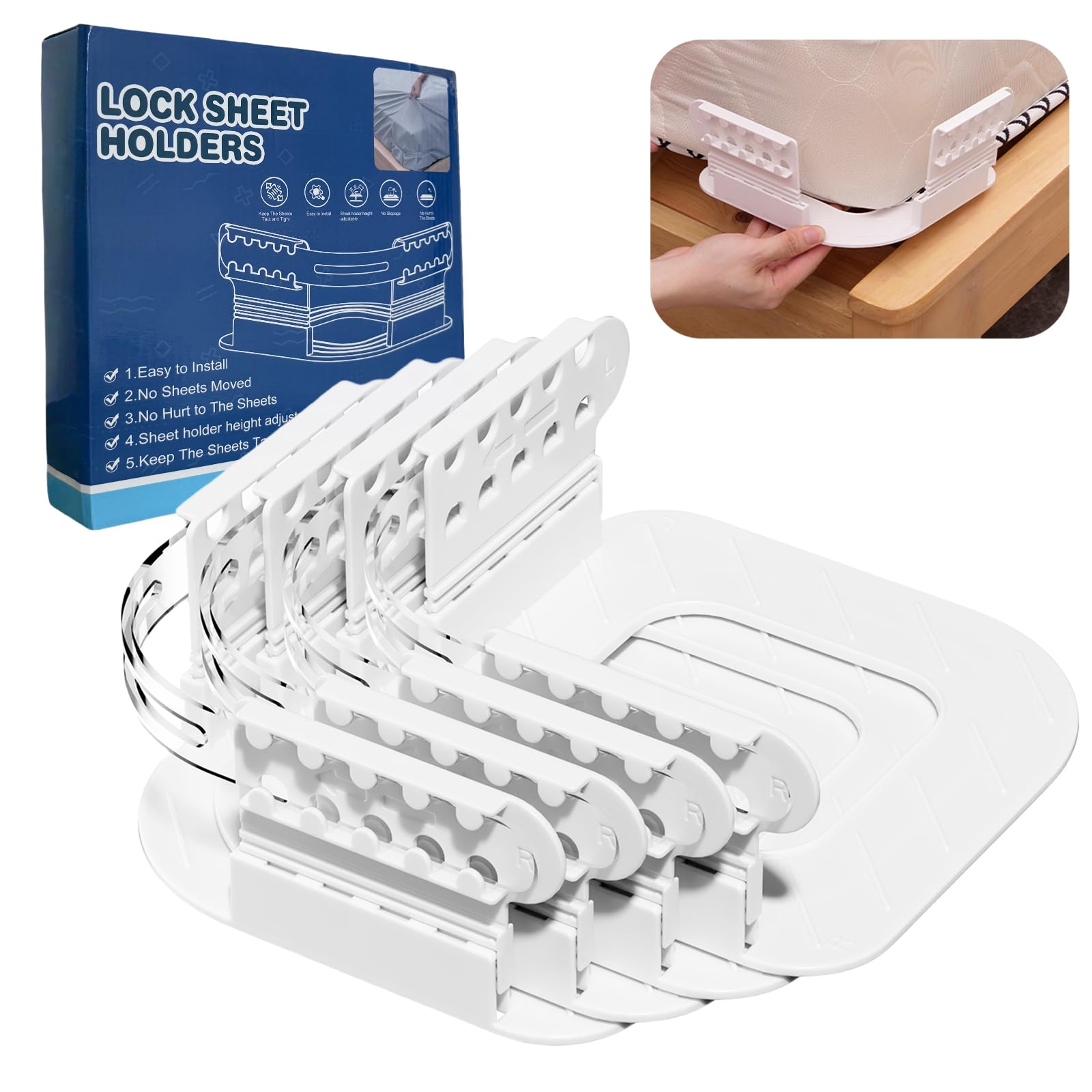 Bed Sheet Holders for Corners, Sheet Straps Keep Sheets Firm & Tight, Mattress Sheet Holder with 5-Mold Lock Strap Fits Bedding