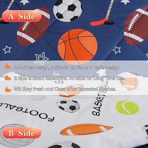 Miniatura 9 de RYNGHIPY Juego de ropa de cama con temática deportiva para niños, juego de edredón con estampado de baloncesto, fútbol, béisbol, tenis, para