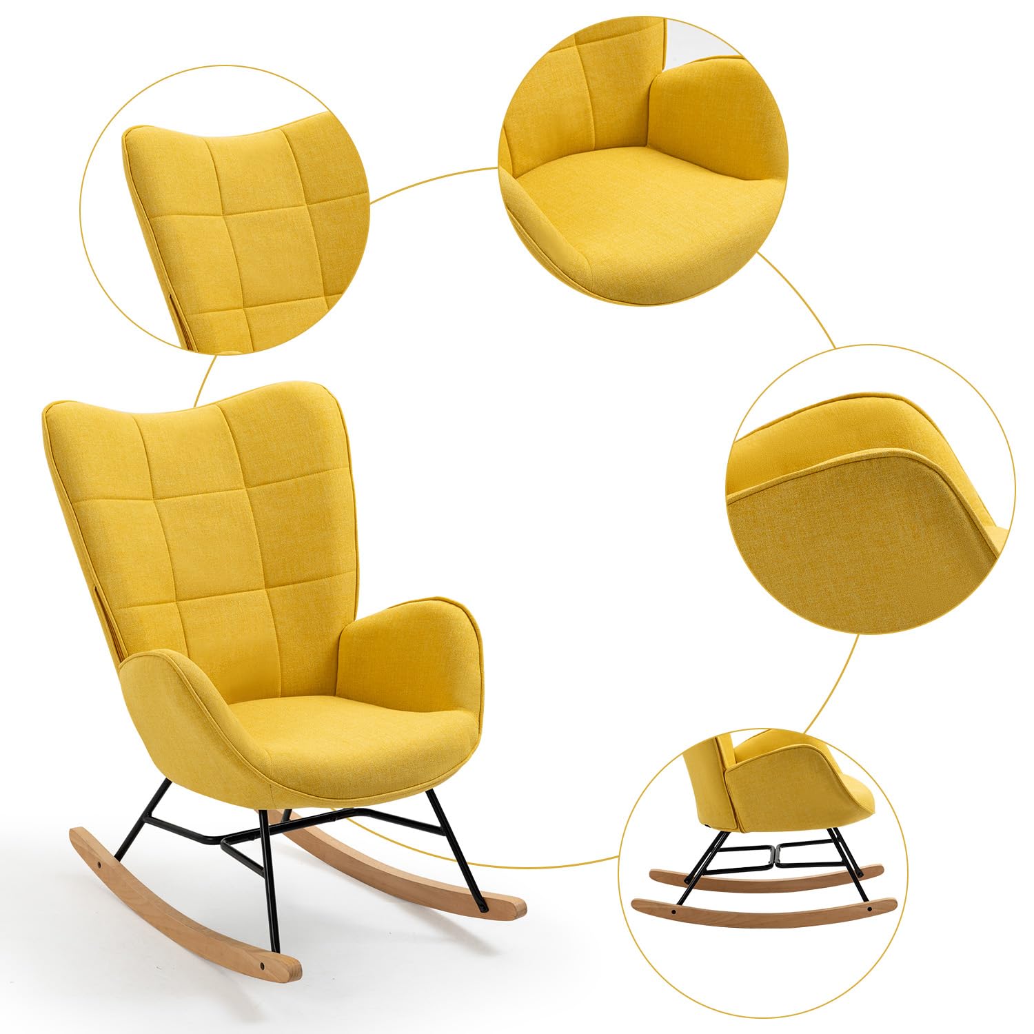 MEUBLE COSY Silla Mecedora Sillón de Relax Especial Lactancia Butaca Acolchada con reposabrazos, Respaldo Alto, de Tela con Patas de Madera Metal, para salón, Dormitorio, Amarillo