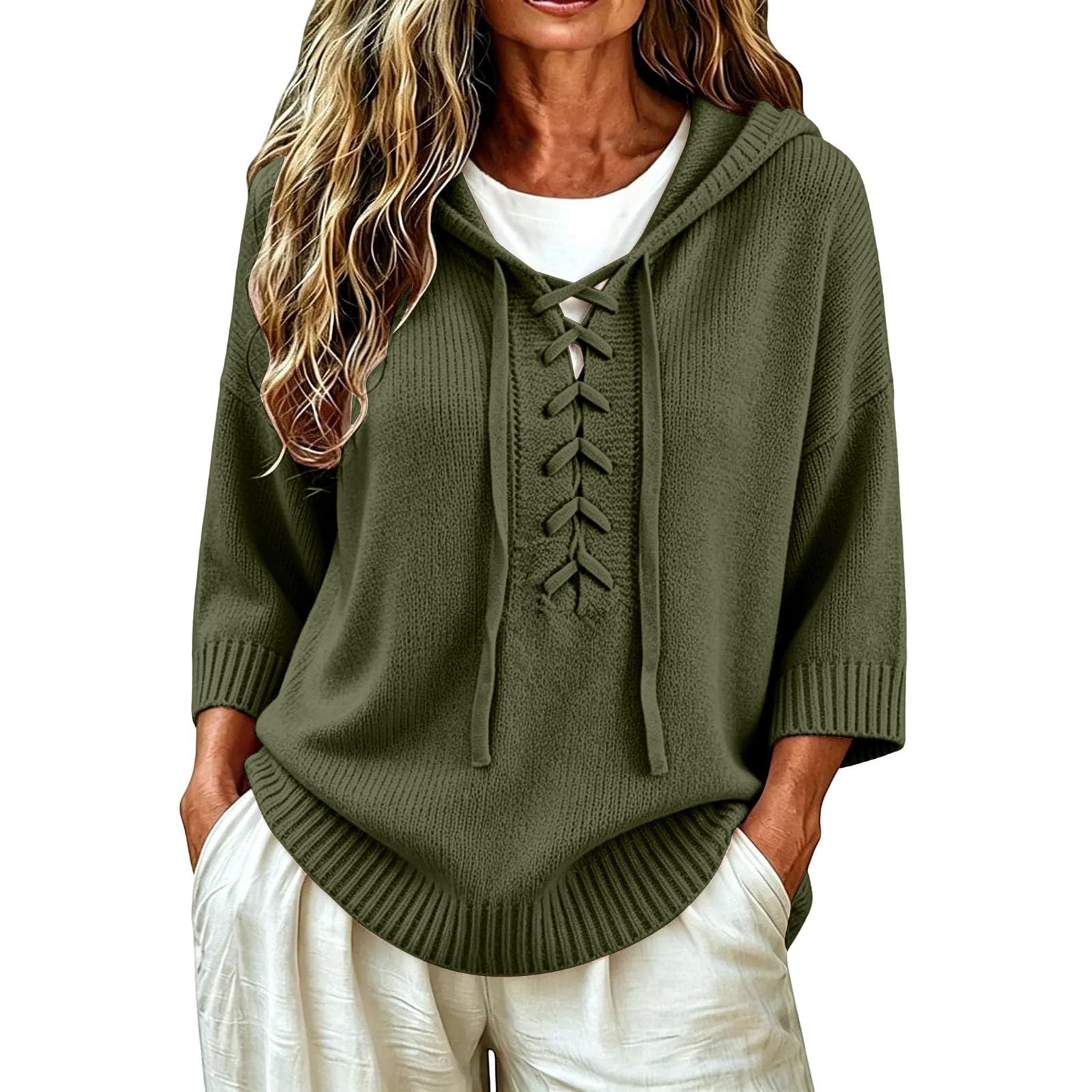 Generisch Sweat-shirt à capuche en coton pour femme - Surdimensionné - Pull décontracté - Couleur unie - Élégant - En tricot - Avec capuche - Confortable - Manches 3/4 - Chaud