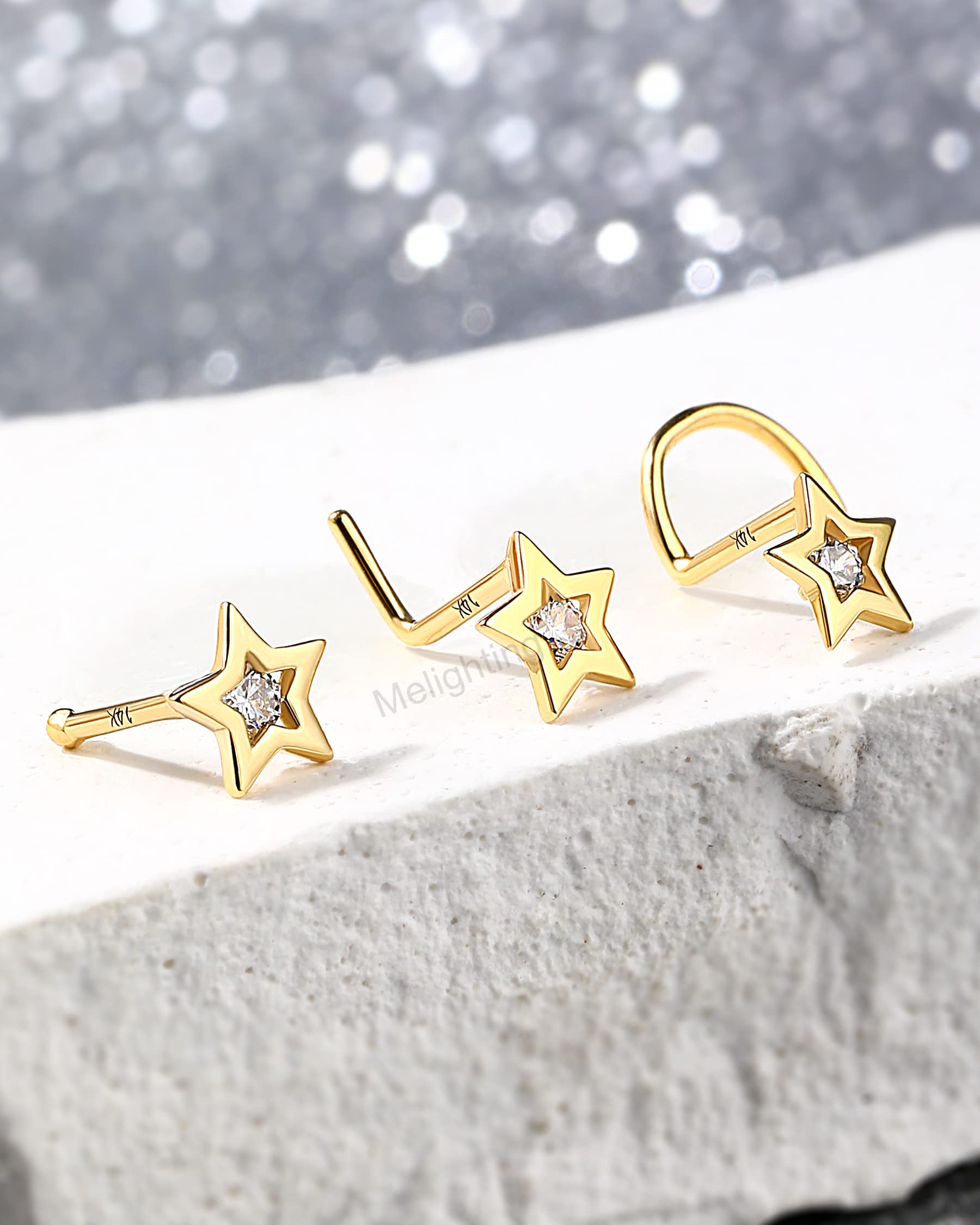 Melighting Nasenringe 14 Karat 585Echt Gold Nasenstecker Stud Nasenring L Form Nasen Screw 20G(0,8mm) Sterne Diamant Piercing Nasen Nostril Piercing Schmuck