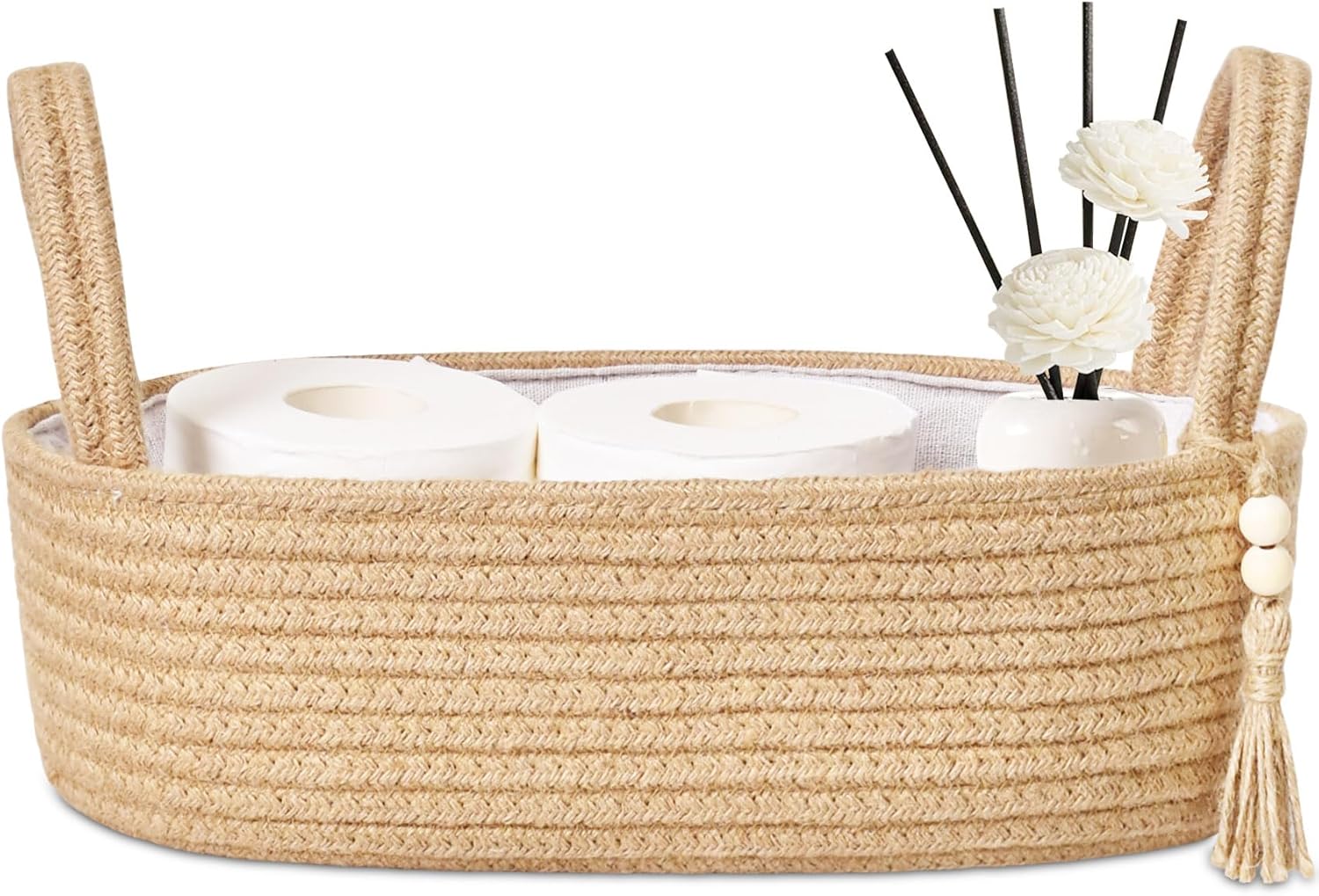 ABenkle Boho Jute Rope Storage Basket - Toilet Paper Holder for Tank, Woven Bathroom Organizer, Versatile Decor 13x6x4 Inches