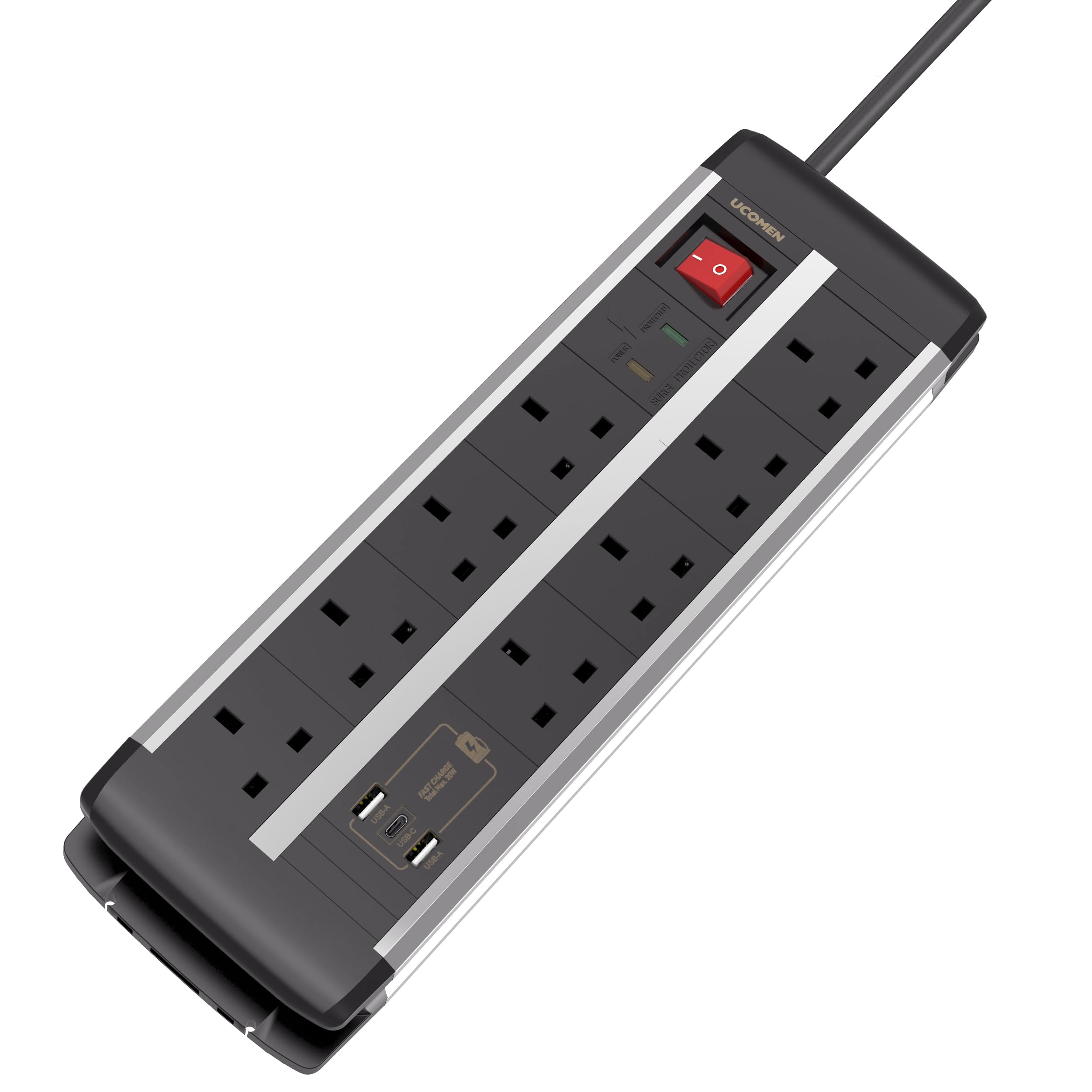 Surge Protected Extension Lead with USB Slots, 8 Way Extension Cable with Overload Protection, Switch and 2m Cord, Wall Mountable for Home, Office, Meeting Room, Dorm, Black