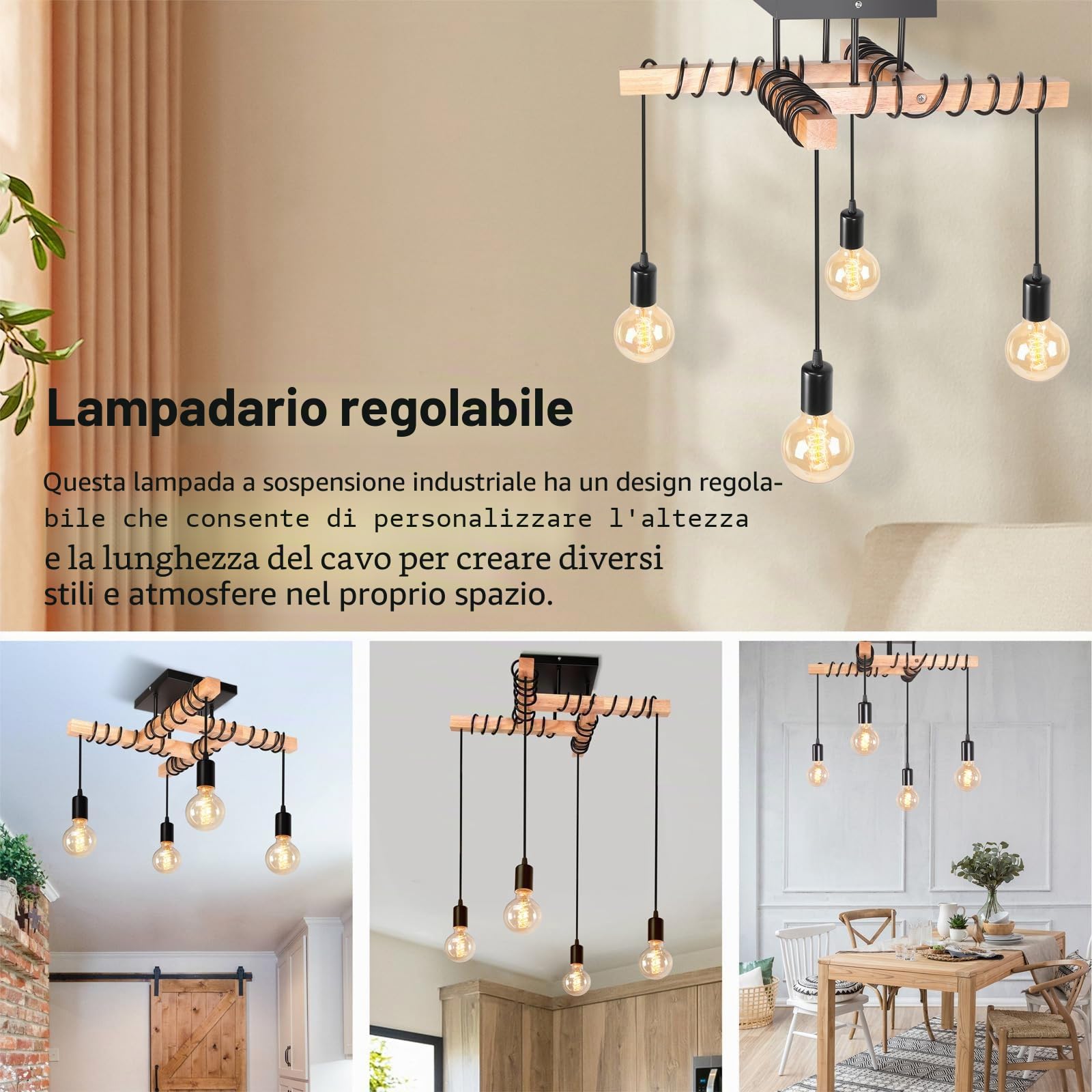 iDEGU 4 Luce Lampadario Soffitto Industriale E27 Illuminazione a Sospensione Vintage Plafoniera in Legno Metallo Nero Lampada da Soffitto Retrò per Cameretta Salotto Sala da Pranzo Cucina Ristorante