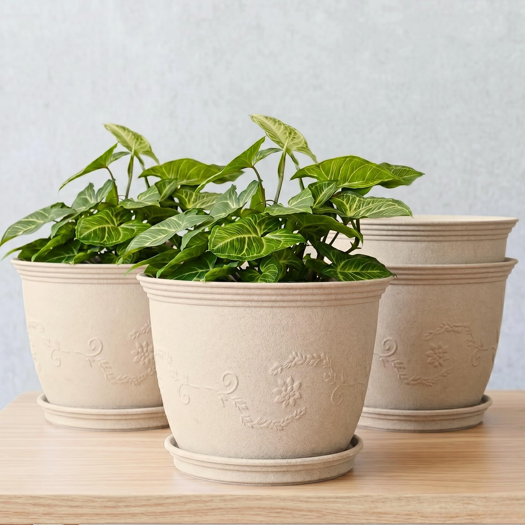 Eha Earth-Friendly 12" Leafy Planters with Tray | Set of 4 | Bamboo Fiber | UV Protected | Drainage Hole | Pots for Indoor, Outdoor, Balcony & Garden | Sand Castle-image-13