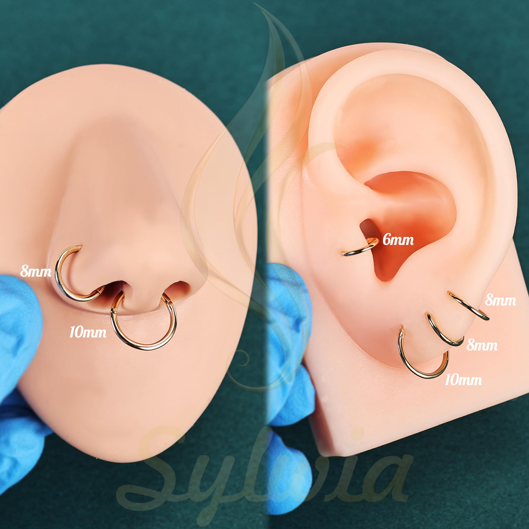 SYLWIA Pierścionki do nosa z litego złota 14K 18 g/16 g, 6/8/10 mm zawiasowe segmentowe pierścienie do przegrody nosowej, prawdziwe złoto, warga, tragus, helix, chrząstka, koncha, kolczyk obręcze,