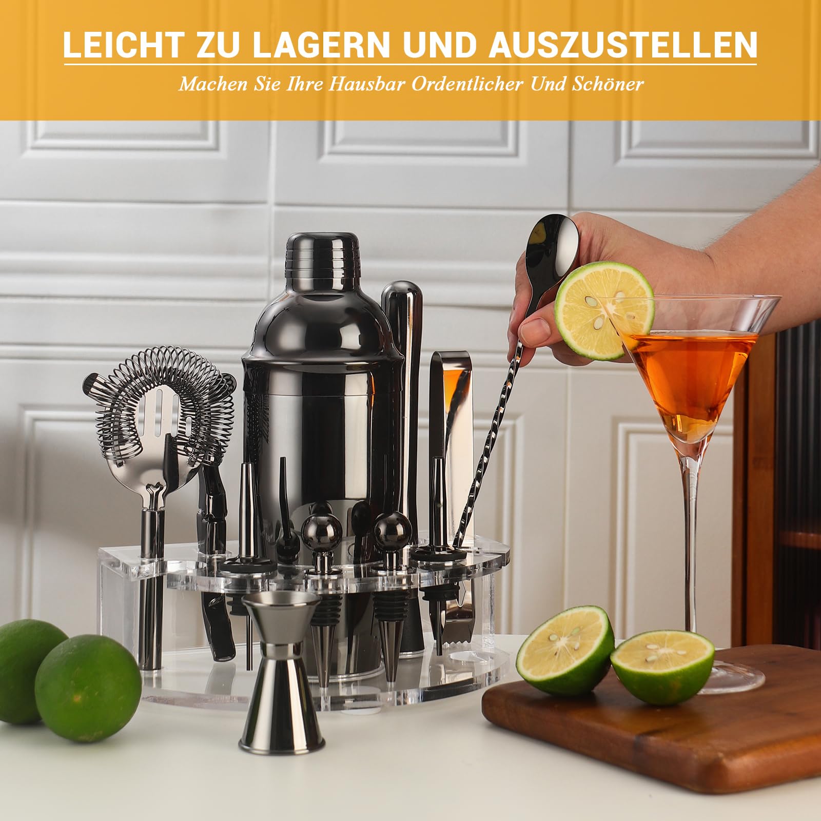 Cocktail Shaker Set, Edelstahl Cocktail Set mit 12 teiligem Bar Zubehör, 750ML Shaker Barkeeper Set mit Ständer, Cocktail Maschine Bar Set für Zuhause, Geschenke für Männer Dad Barkeeper (Schwarz)