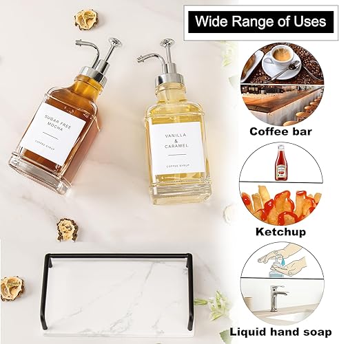 Miniatura 5 de BathAce Dispensador de jarabe de café con bandeja de mármol, botellas de jarabe de vidrio transparente con bomba, 2 dispensadores de jarabe de arce