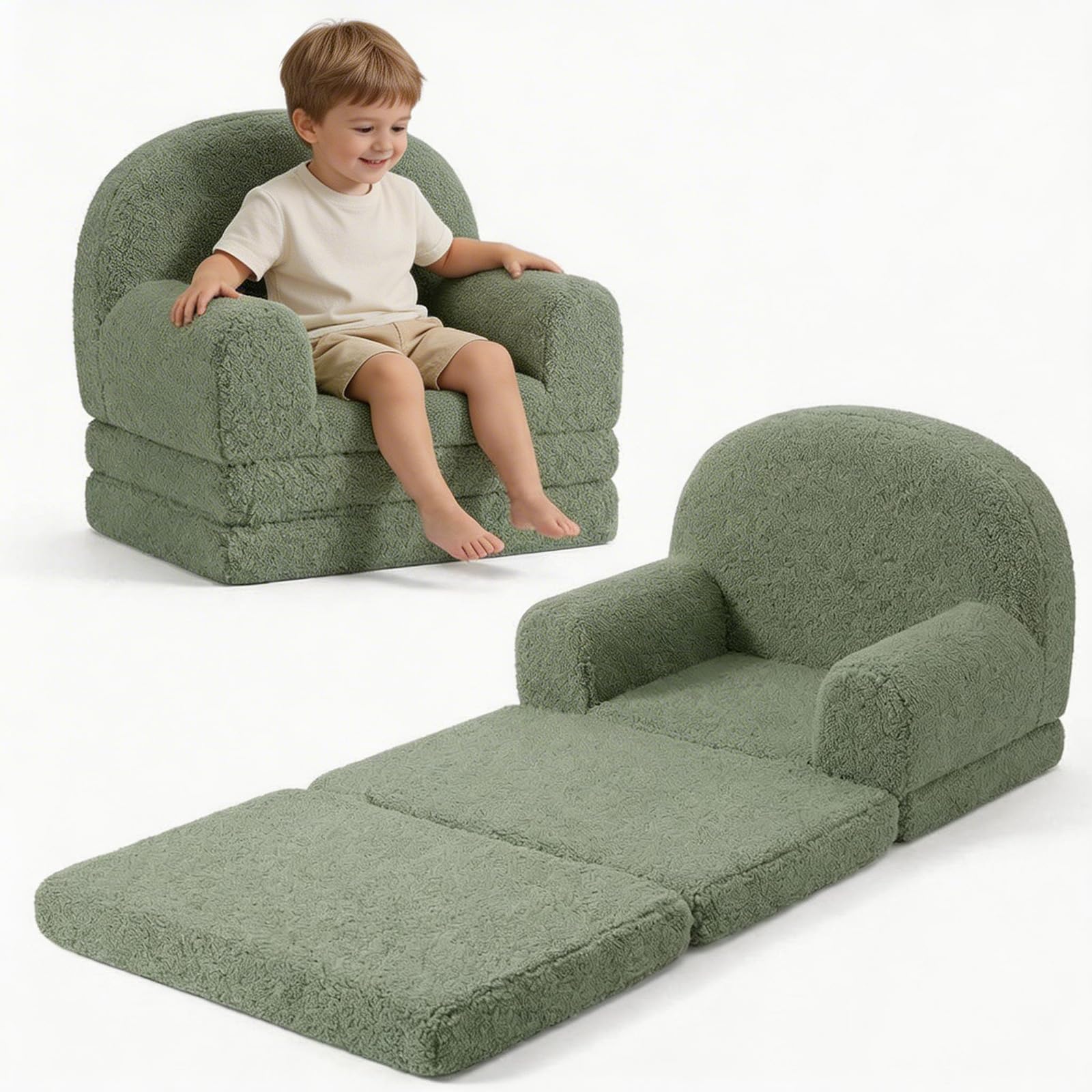 Garvee 2-in-1 Kindersofa & Loungesessel, Faltbar Kinder Sofa, Weiches Teddyfleece Kindersessel mit Abnehmbarem Bezug, Klappbarer Kindercouch als Liege, Kinder - Grün