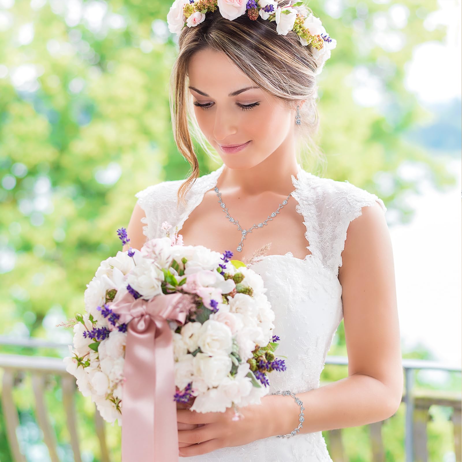 Set di gioielli da sposa per la sposa set di gioielli da sposa per matrimonio collana orecchini braccialetto set per sposa set di gioielli in argento per donne damigella d'onore set di gioielli per