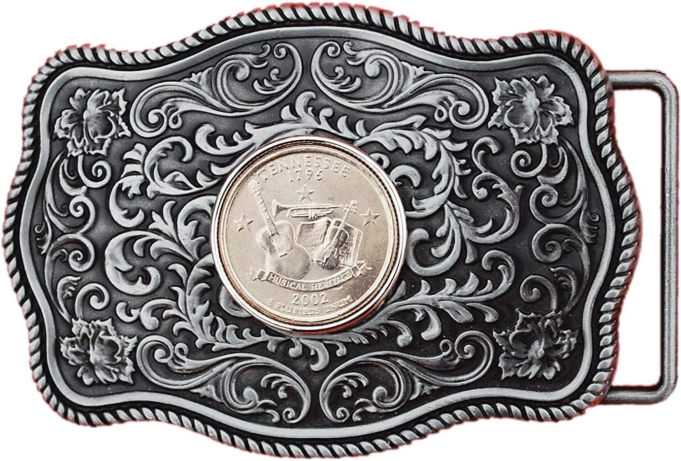 US 2002 Tennessee State Quarter BU Uncirculated Coin Silver Tone Belt Buckle NEW - Beautiful Western Scroll Design