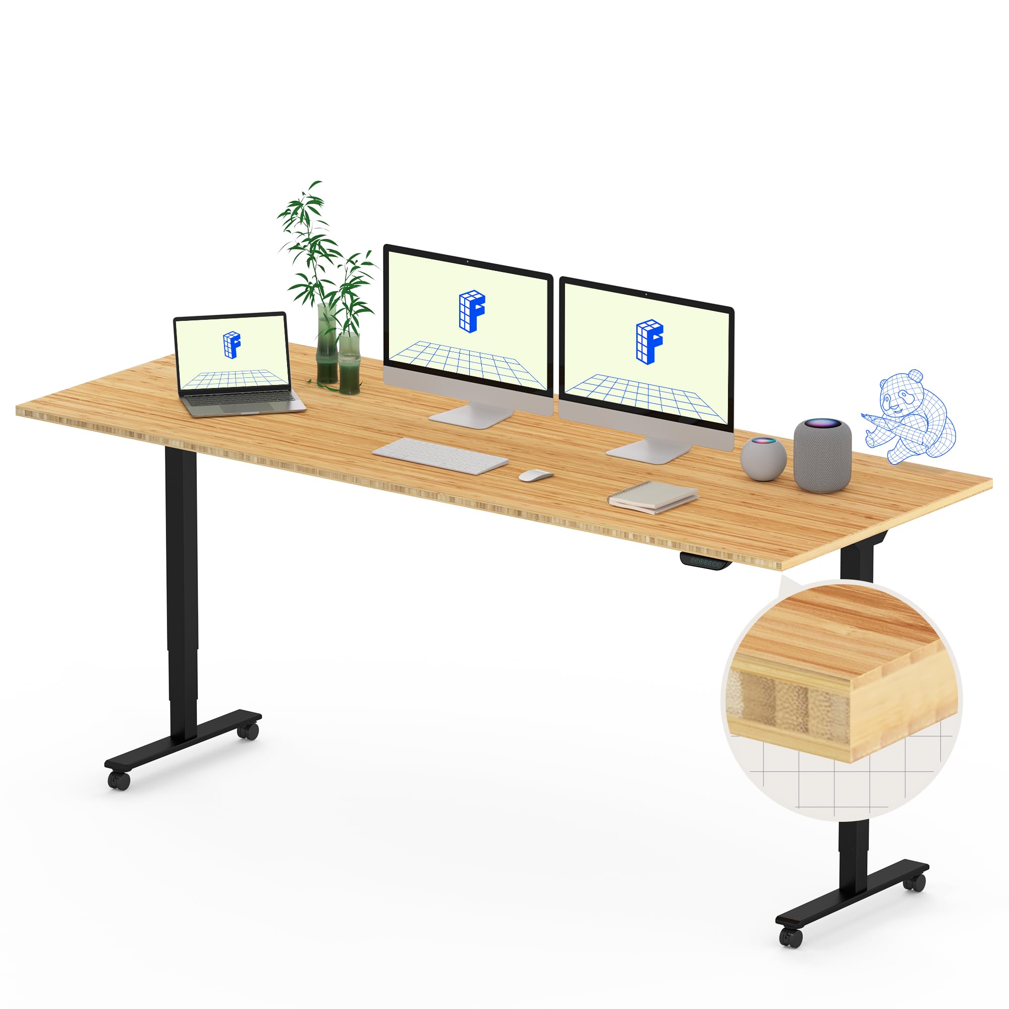 FLEXISPOT E6 MAX Bamboo Dual Motor 3 Stages Standing Desk 78x30 Inch Whole-Piece Board Electric Height Adjustable Stand Up Desk 150KG Load Capacity(Black Frame + Bamboo Desktop) 78"x30" Whole-piece Black Frame+ Bamboo Top