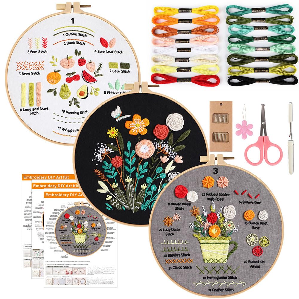 RARITYLL 3 Embroidery Kit for Beginners Embroidery Starter Kits to Learn 32 Different Stitches, Includes Printed Fabric, Threads, Needles, Hoop, Scissors for Adults & Kids