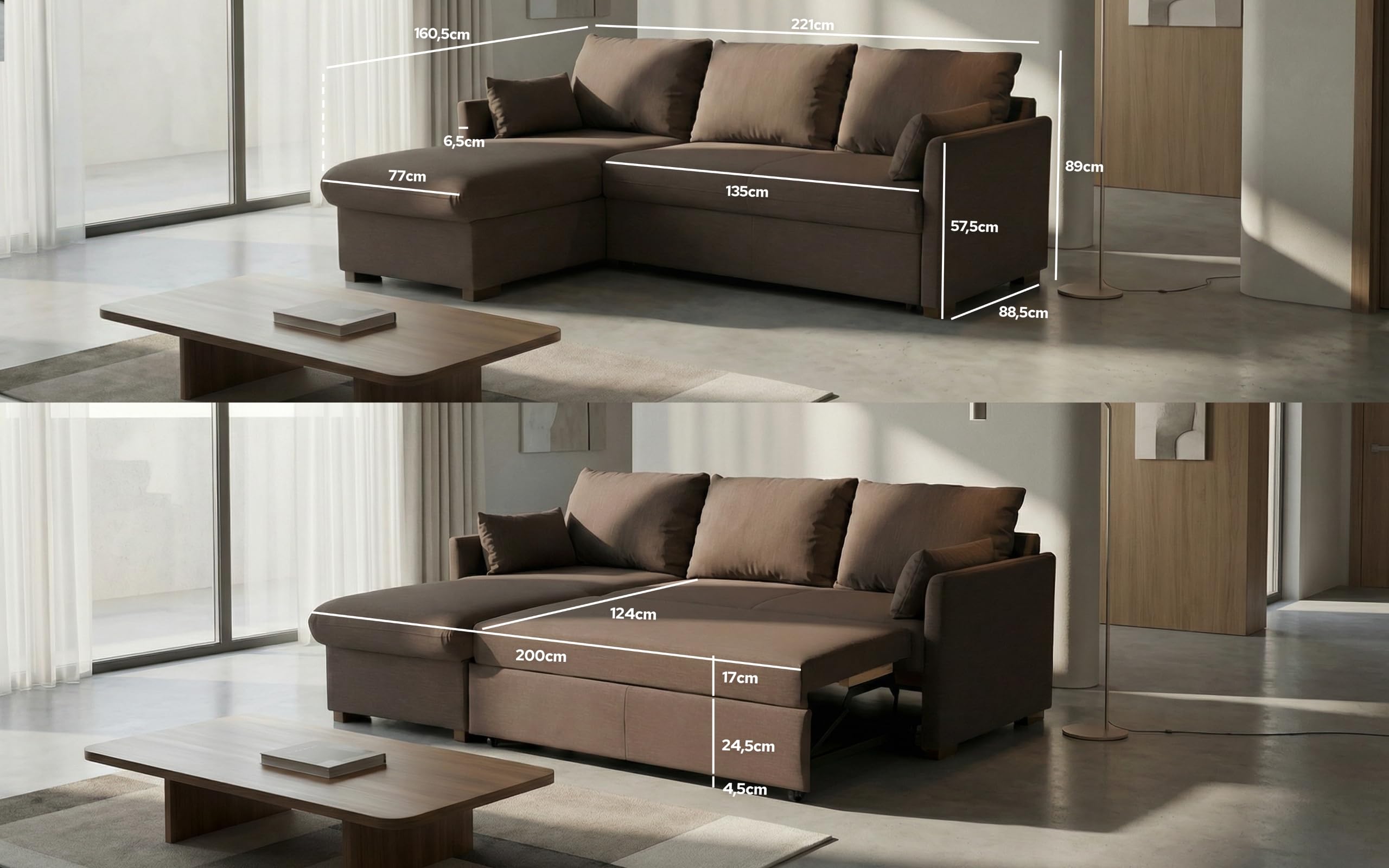 BUDWING Orlando Ecksofa Schlafsofa 3-Sitzer – Wendbare Chaiselongue mit Stauraum – Zeitgenössischer Stil, wasserabweisender, fleckenresistenter Stoff – 221x160,5x88 cm – Braun