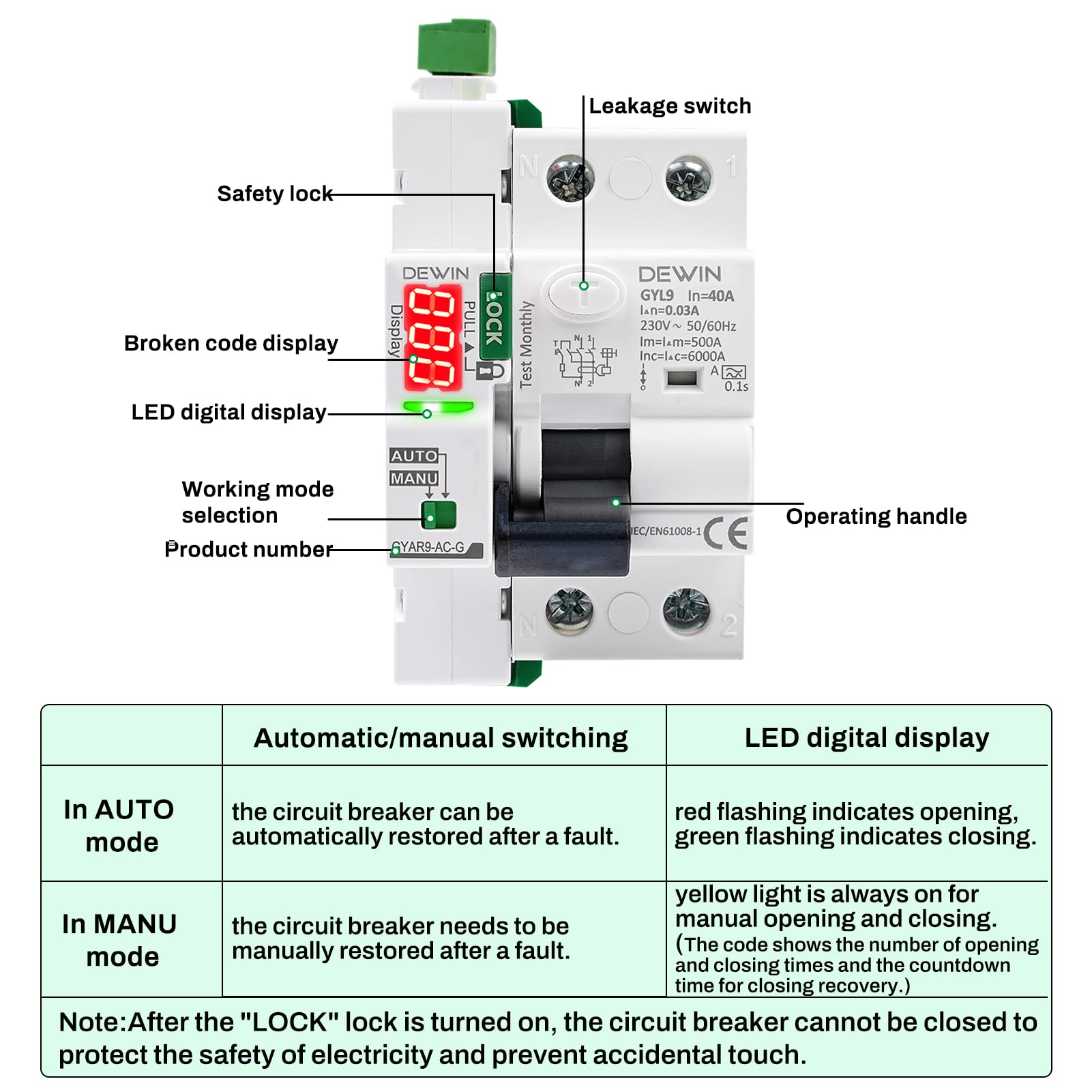 2P Intelligenter automatischer Wiedereinschalt-FI-Schutzschalter, Fehlerstromschutzschalter Typ A Mit digitalem Display 40 A, AC230 V intelligenter Schutzschalter