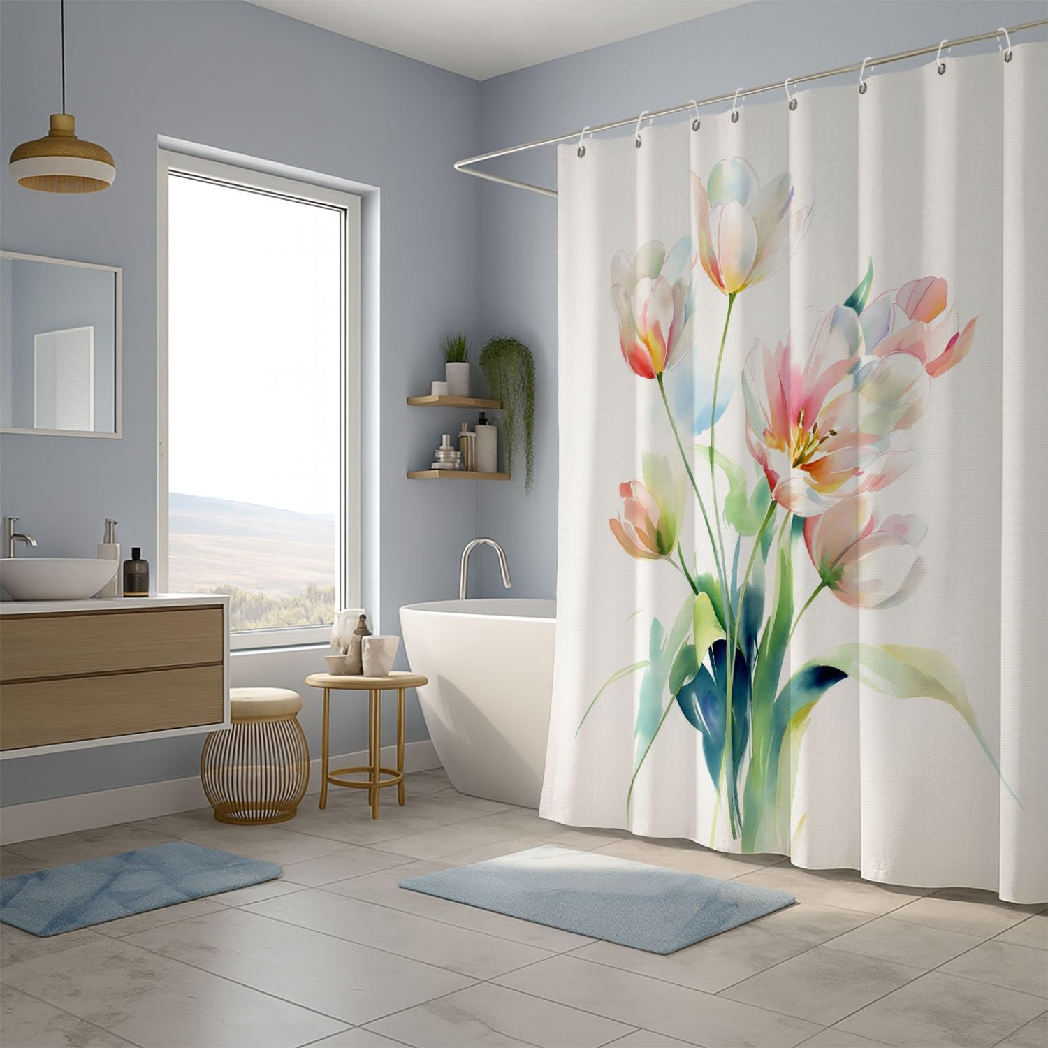 Generisch Zasłona prysznicowa 200 x 200 cm, zestaw 1 szt., mikrofibra, wodoszczelna i odporna na pleśń, nadaje się do prania, do łazienki i wanny, z oczkami i haczykami, biała, akwarela, delikatne