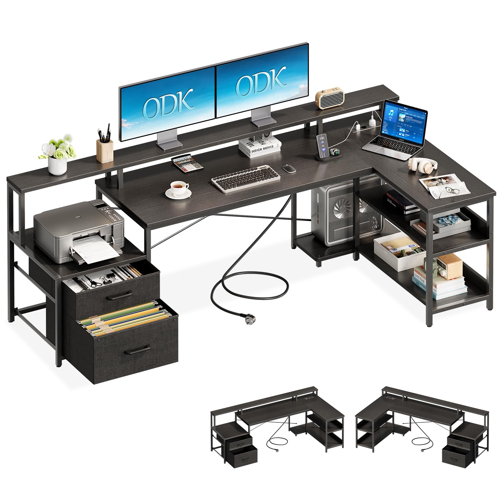 ODK Schreibtisch mit Schubladen, 189.3×100cm Reversibel Eckschreibtisch Groß mit 2 Steckdosen&USB Ladeanschluss, Schreibtisch L Form mit Stauraum, Gaming Tisch für Homeoffice, Schwarz