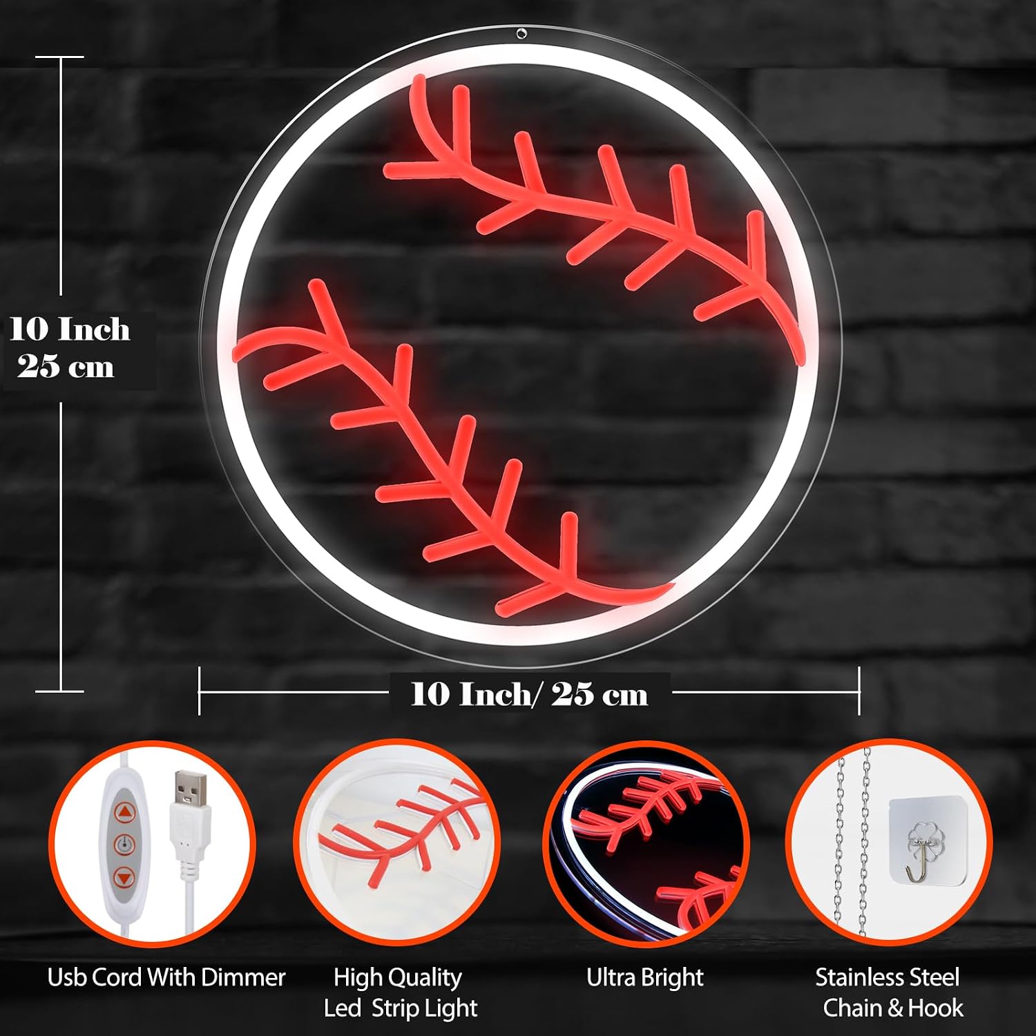 Baseball Neon Sign, Baseball Gifts for Boys, Baseball Gifts for Birthday Christmas Man Mom Kids, Dimmable Neon Baseball Lights for Wall Decor, Light up Baseball Party Decorations for Room, Baseball Led Light for boys image 2