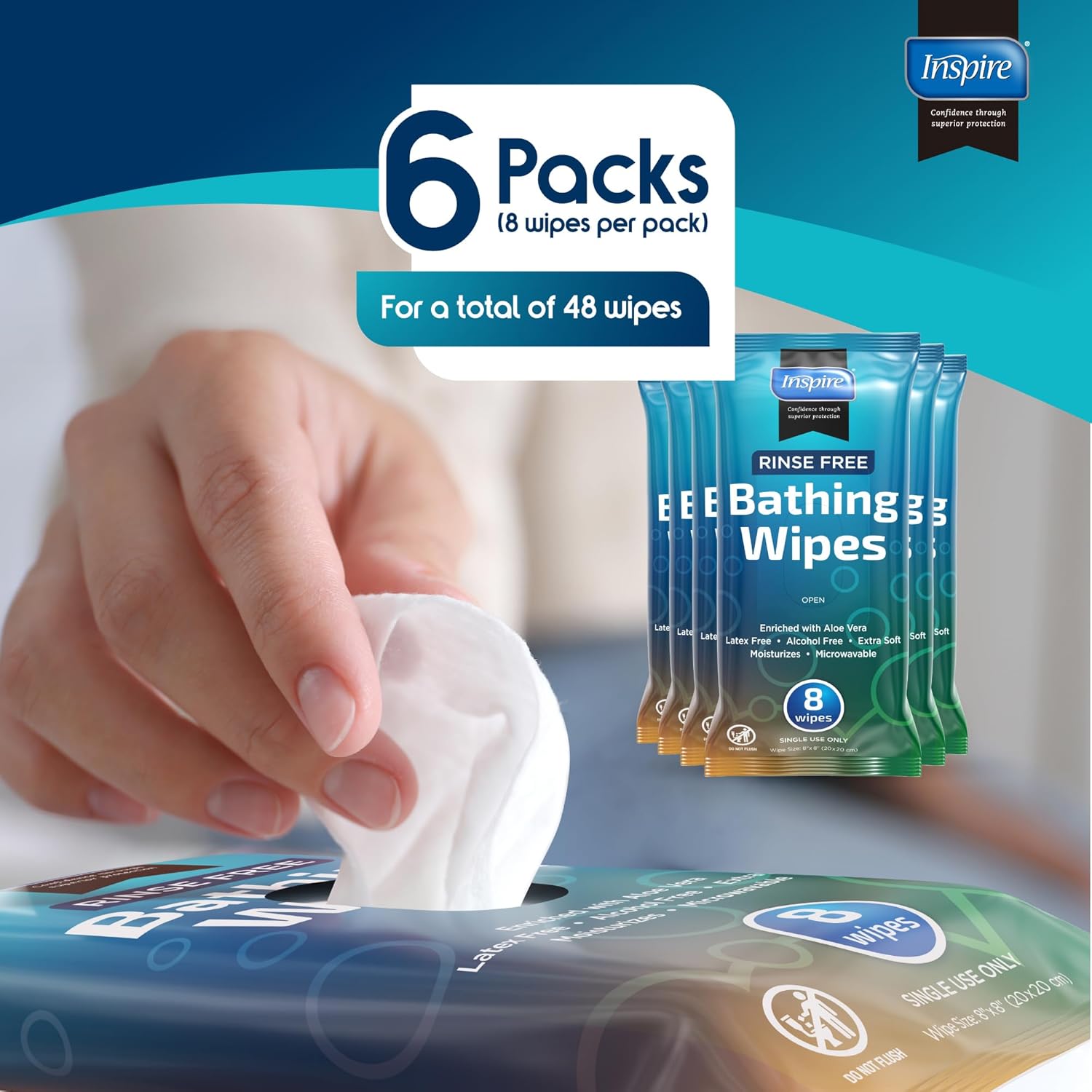 Body Wipes for adults bathing rinse free | Adult Wash Cloths Extra Large, Bathing Wipes for Incontinence, 8"x 8" In (48 count) | By Inspire - Image 7