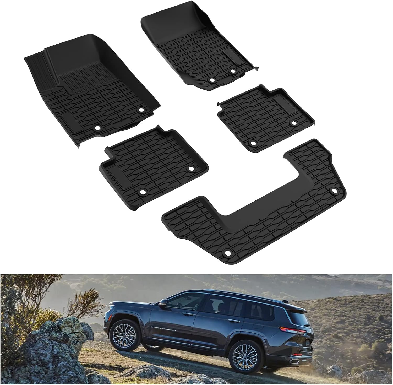 KIWI MASTER Floor Mats for 2021-2026 Jeep Grand Cherokee L, OEM Replacement 82216640AA, Custom Fit All Weather Car Mats, Heavy Duty TPE Floor Liners, Front & Rear 3 Row, Black