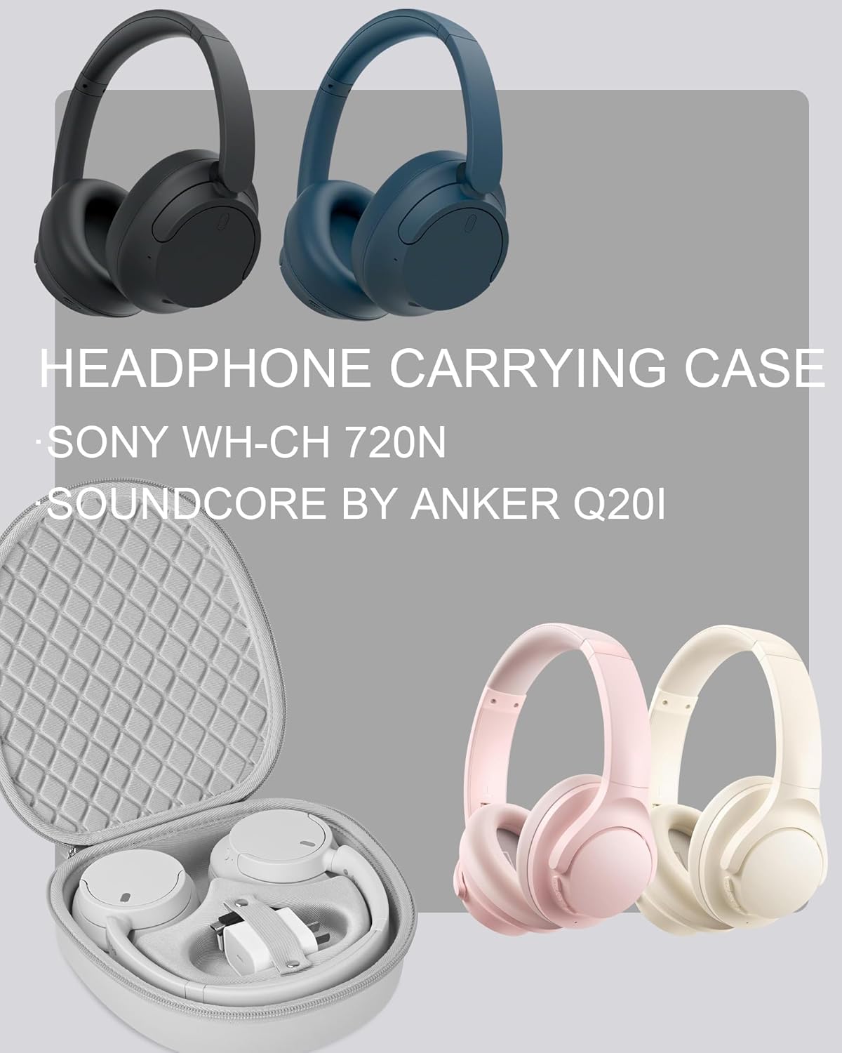 Headphone Case for Sony WH-CH720N Soundcore by Anker Q20i, Hard Portable Over Ear Headphone Carrying Case, Wireless Headphone Storage Protective Case for Travel Home (Grey) - Image 2