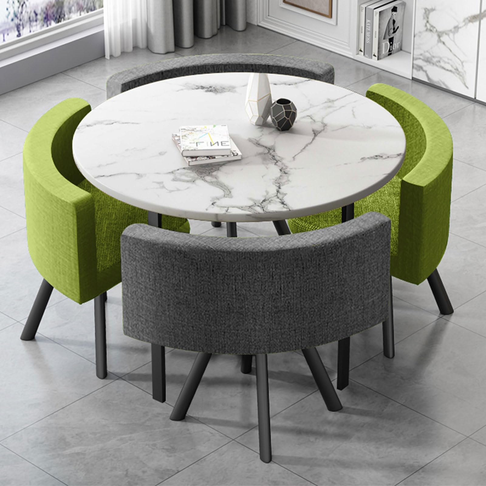 LUUYYI Mesa redonda pequeña simple y 4 sillas, juego de mesa de negociación para sala de conferencias con sillas, mesa de desayuno moderna y silla para comedor, cocina (mármol de imitación + verde