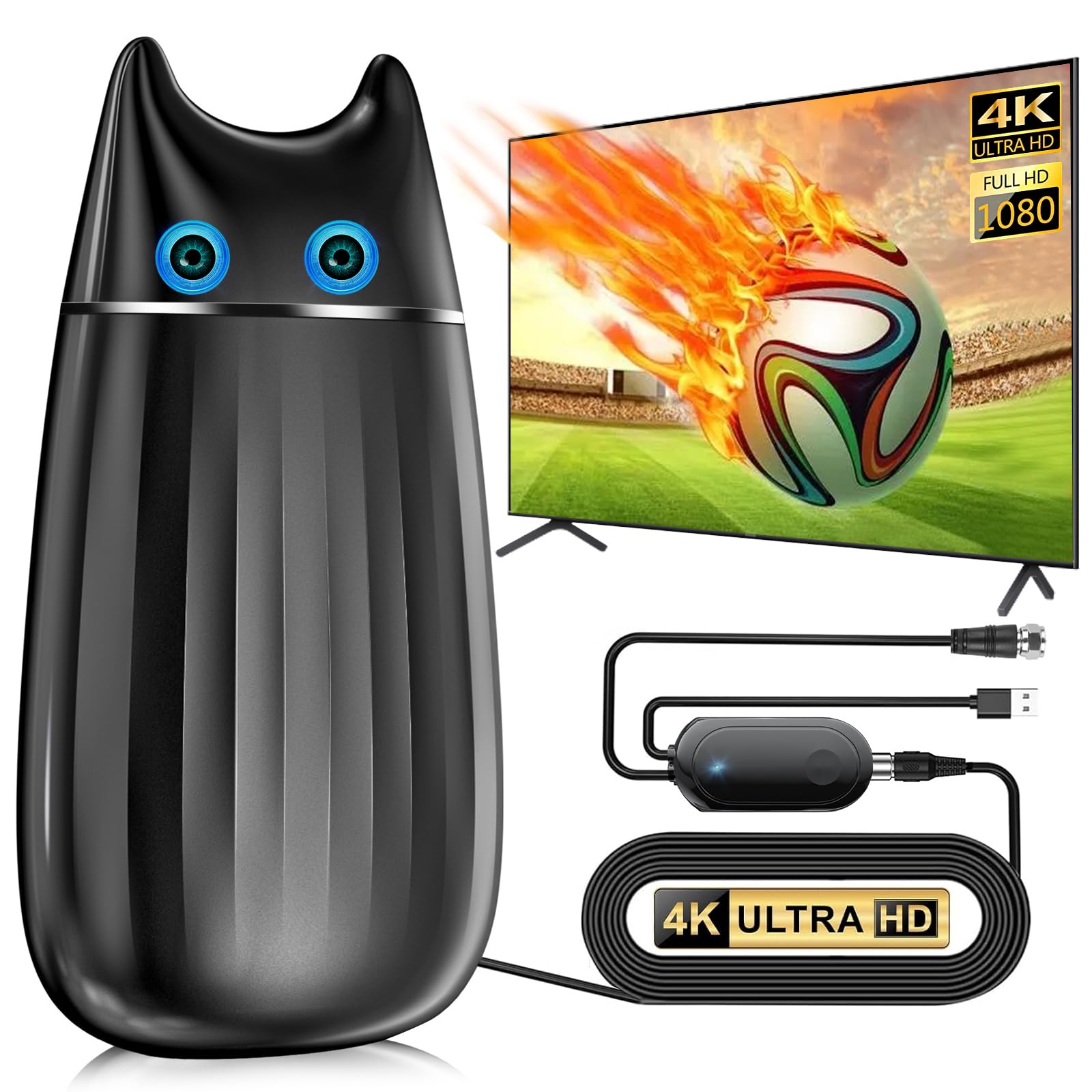 Qboy 950+ Miles Range Amplified TV Antenna, Newest Digital TV Antenna for Smart TV Indoor, Long Range TV Antenna for High Gain Signal Booster Support 8K 4K 1080p All TV's - 36ft Coax Cable, Black