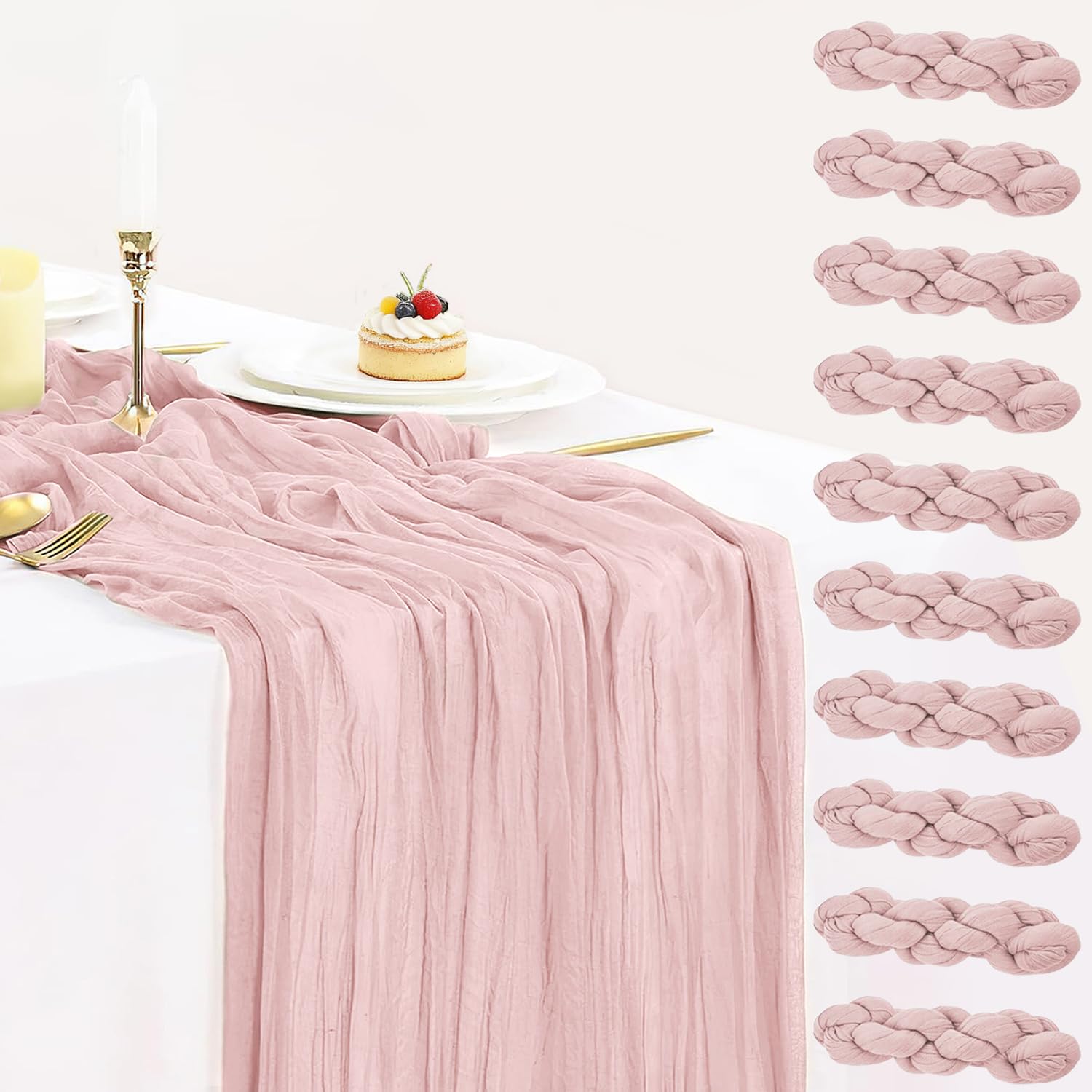 Paquete de 10 caminos de mesa de gasa rosa polvoriento, camino de mesa de gasa de 10 pies, camino de mesa rústico, bohemio, romántico, para boda, decoración de mesa para novia, baby shower,