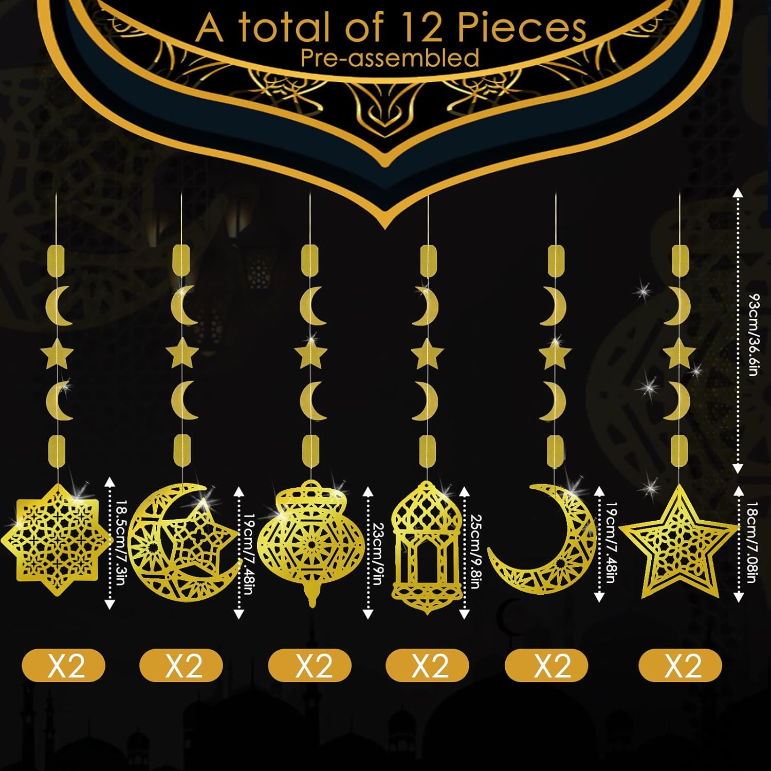 AhfuLife Ramadan Mubarak Eid Mubarak Decorations Window Clings, Ramadan Mubarak Decorations for Home - Pre-Tied 12 PCS