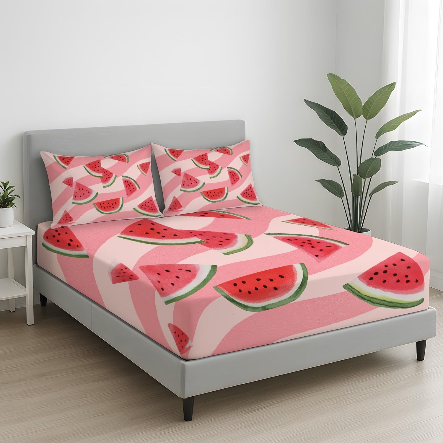 Wassermelonen-Dreiecke, Frische Scheiben Spannbettlaken 160 x 200 cm - Bettlaken Pflegeleicht, Knackiger Sommer, Lebendig Verspielt, Bettwäsche-Set, 3-teiliges Kinderzimmer, Schlafzimmer