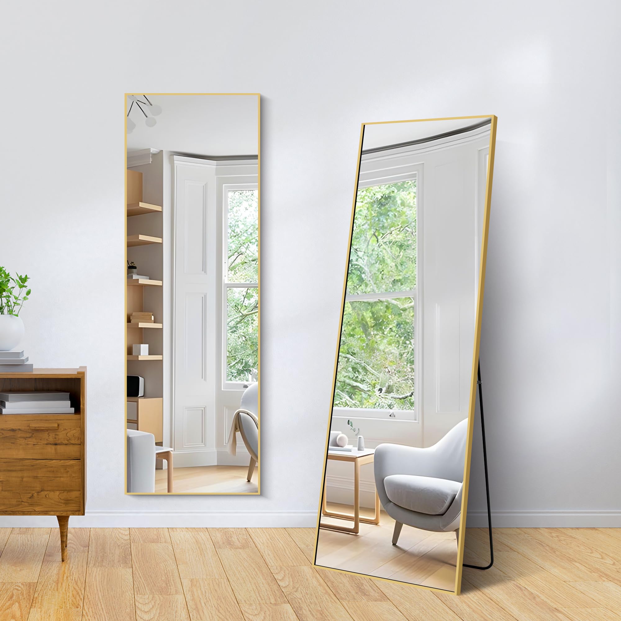 WOLIBEER Espejo de Cuerpo Entero 147 x 44 cm, Espejo Rectángulo de Cuerpo Entero con Marco de Aluminio Dorado Espejo de Pared Espejo de Pie para Dormitorio, Vestidor, Gimnasio, Pasillo, Decoración