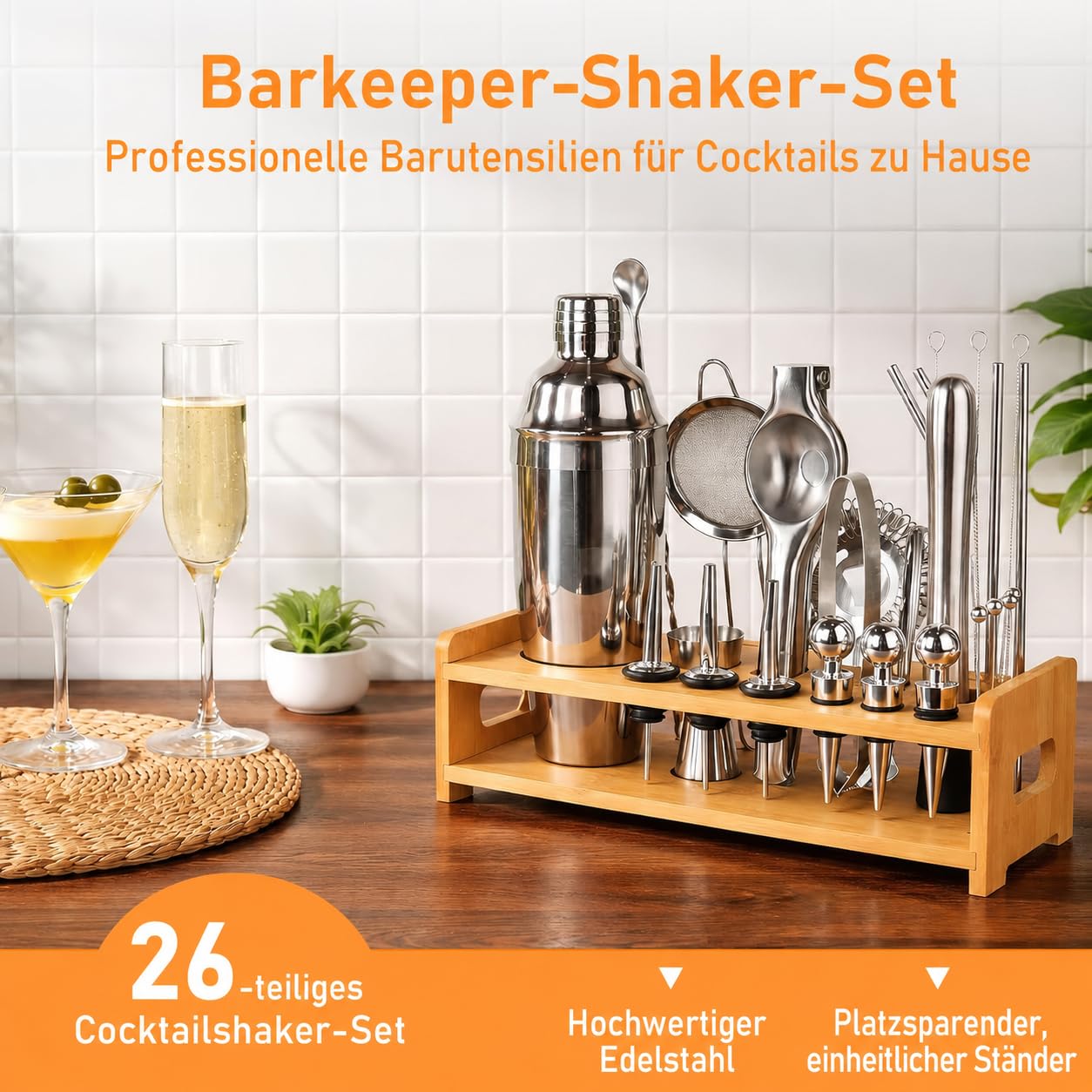 Set da 26 shaker per cocktail, 700 ml, shaker Boston in acciaio inox, kit professionale per barman che non si inceppa, con supporto in bambù e ricettario per feste, bar di casa e compleanni (argento)