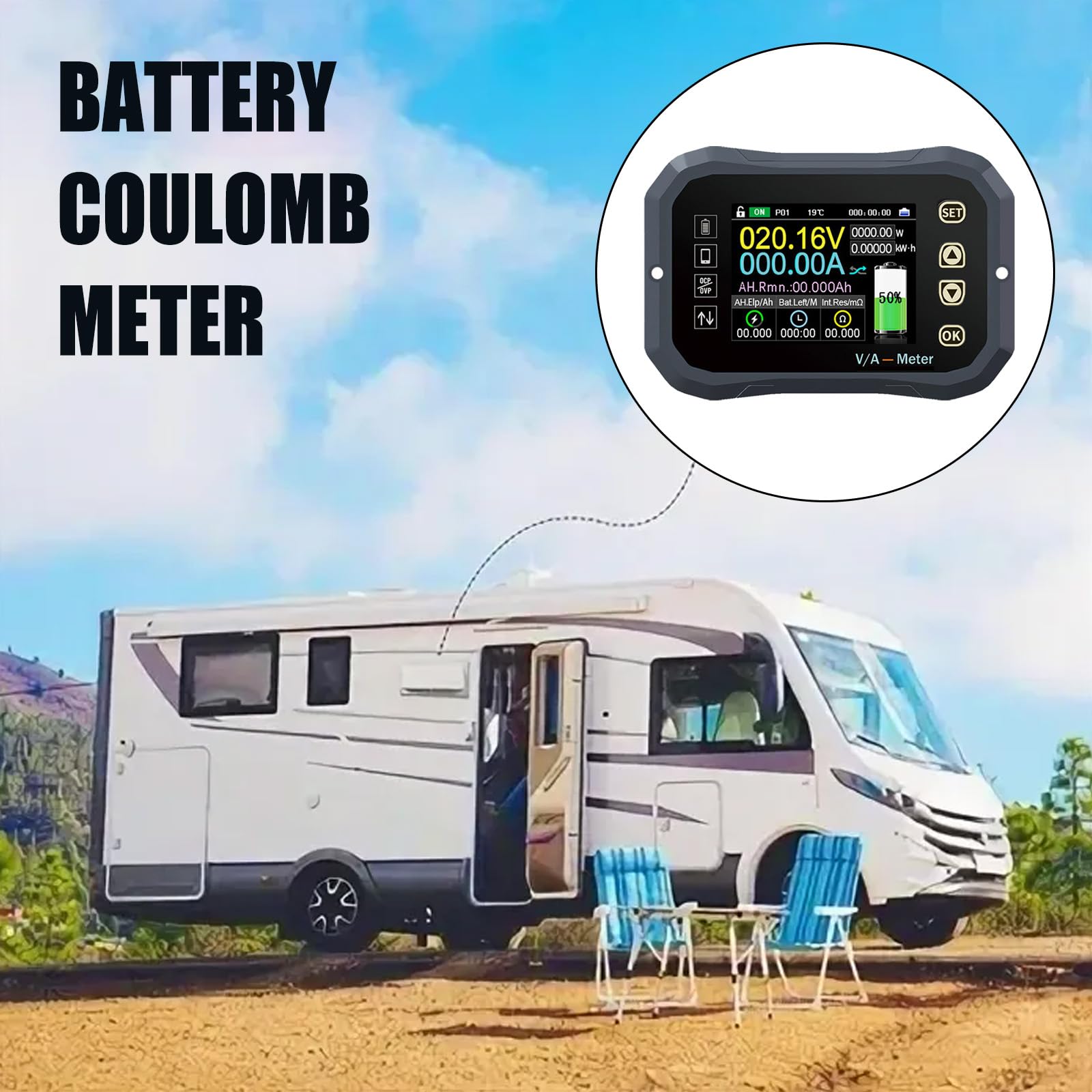 Monitor de Batería, 0-120 V KG-F Bluetooth Inalámbrico Hierro Litio Batería Medidor Capacidad/Coulomb Medidor/Amperímetro/Voltimetro para Caravanas, Autocaravanas, Control Móvil (0-400 A)